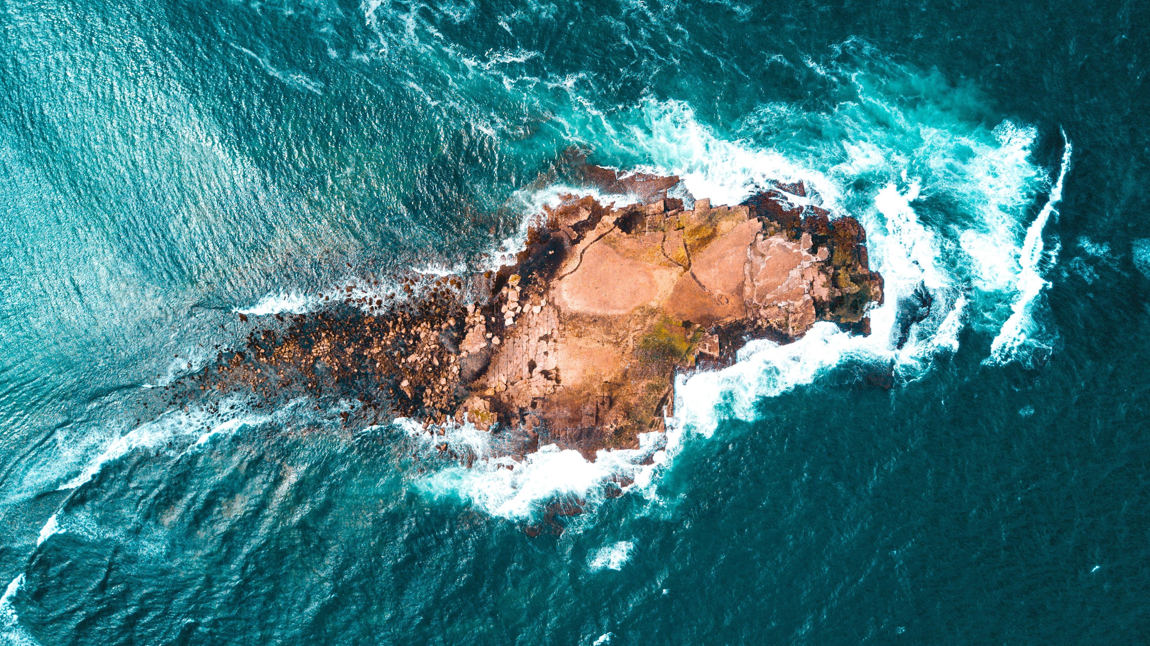 3992x2242 #ocean, #drone view, #island, #rocky