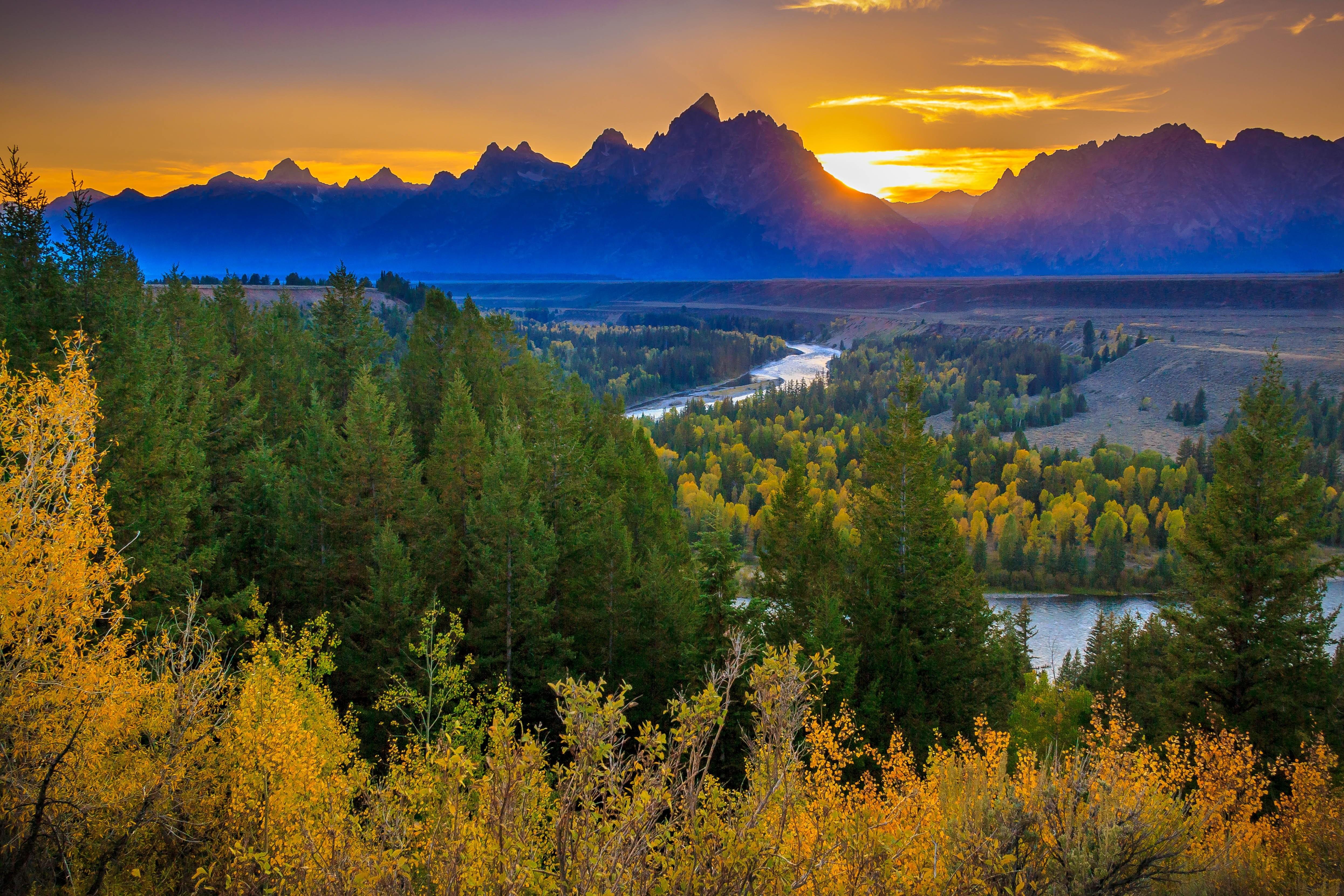 Autumn, Forest, Landscape, Sunset, Grand, Teton, National