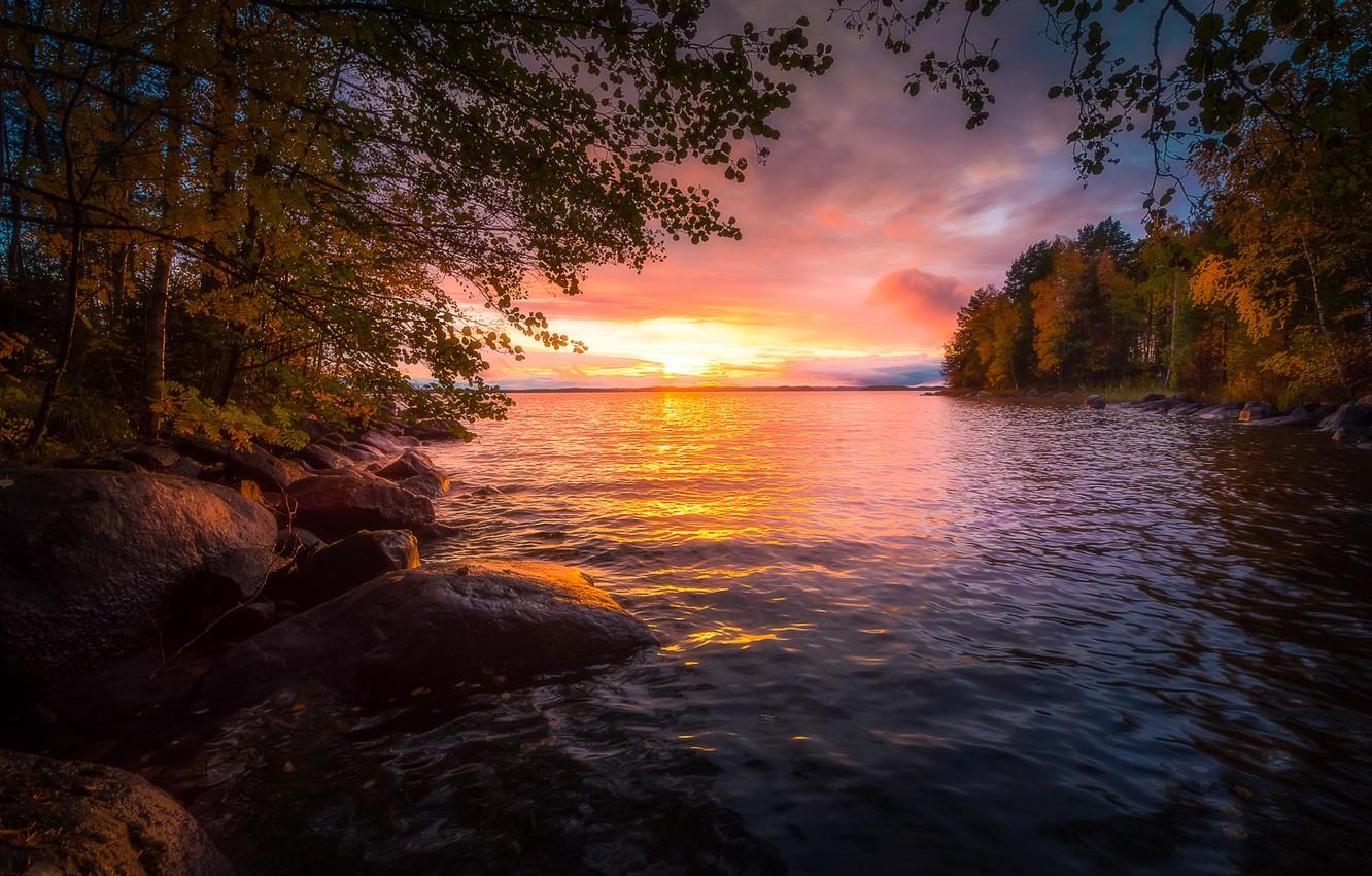 Wallpaper autumn, forest, trees, sunset, lake, Finland, Finland