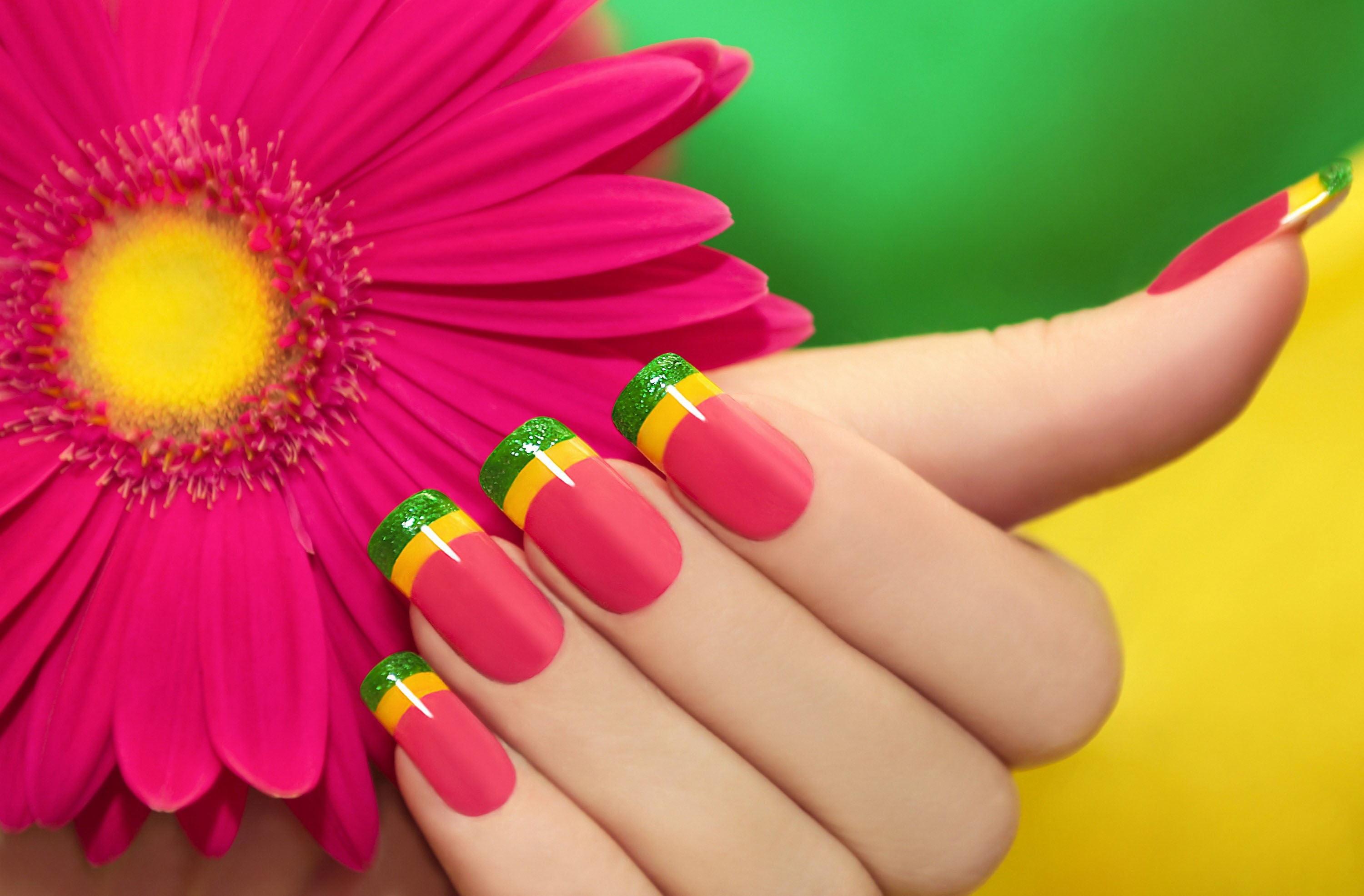Pink And Green Nail Manicure HD Wallpaper