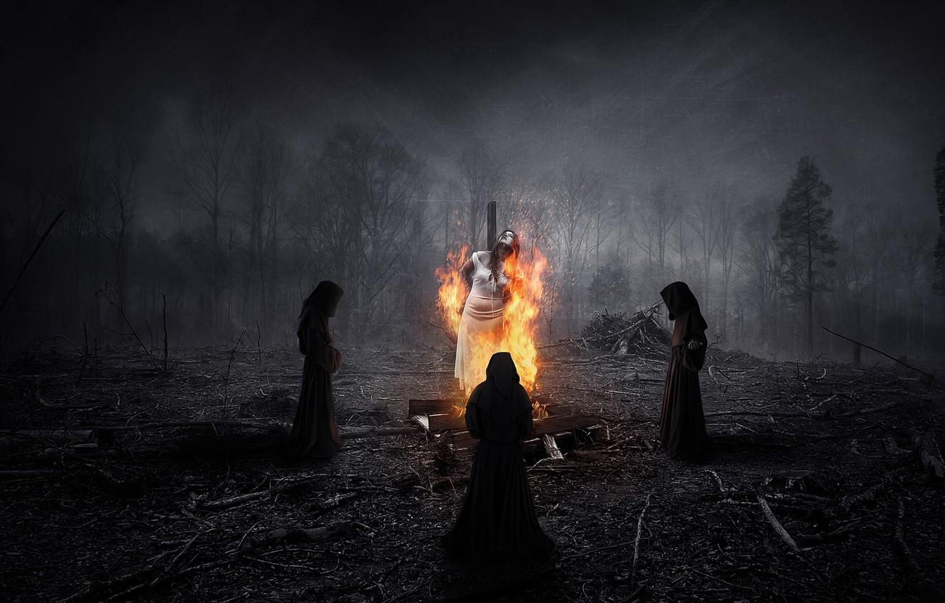 Wallpaper forest, night, people, fire, ritual, witch, three