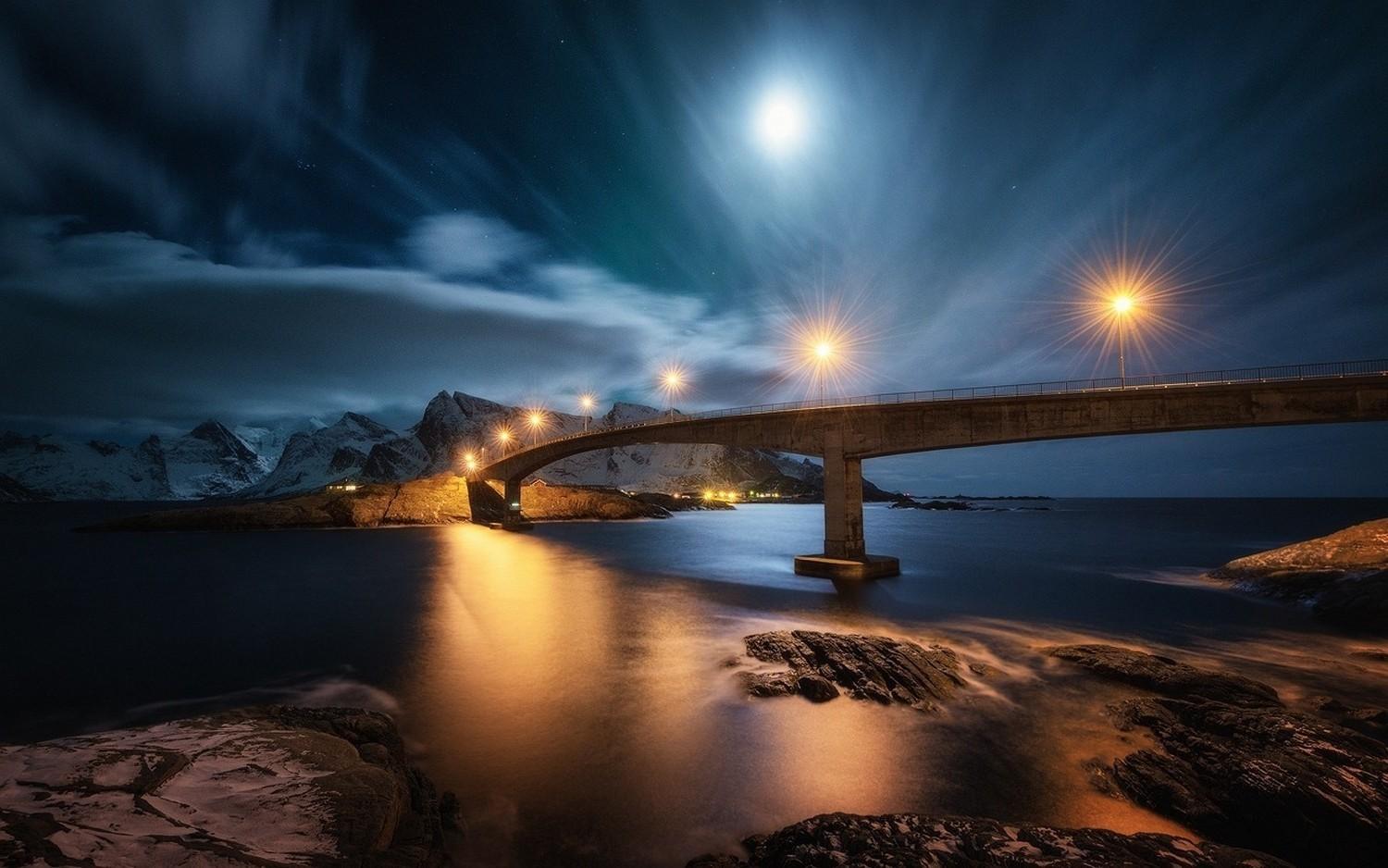 nature landscape night bridge lights moon clouds