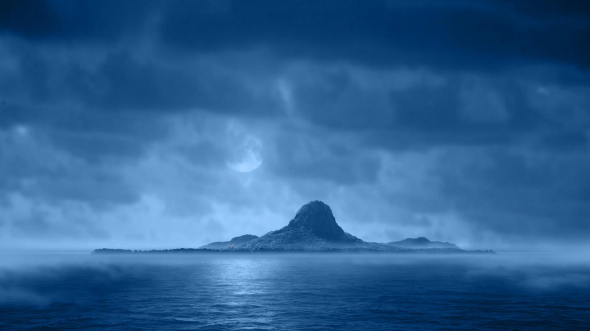blue, clouds, night, Moon, islands wallpaper