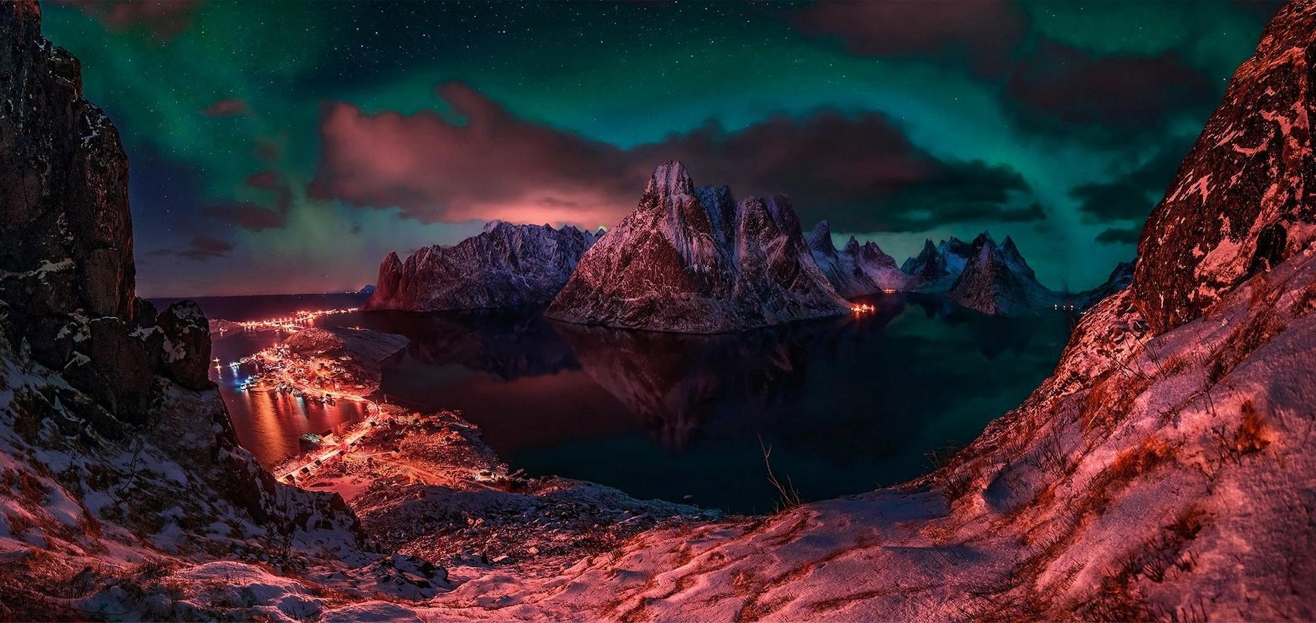 Lofoten, Norway, Winter, Clouds, Ports, Starry Night, Lights