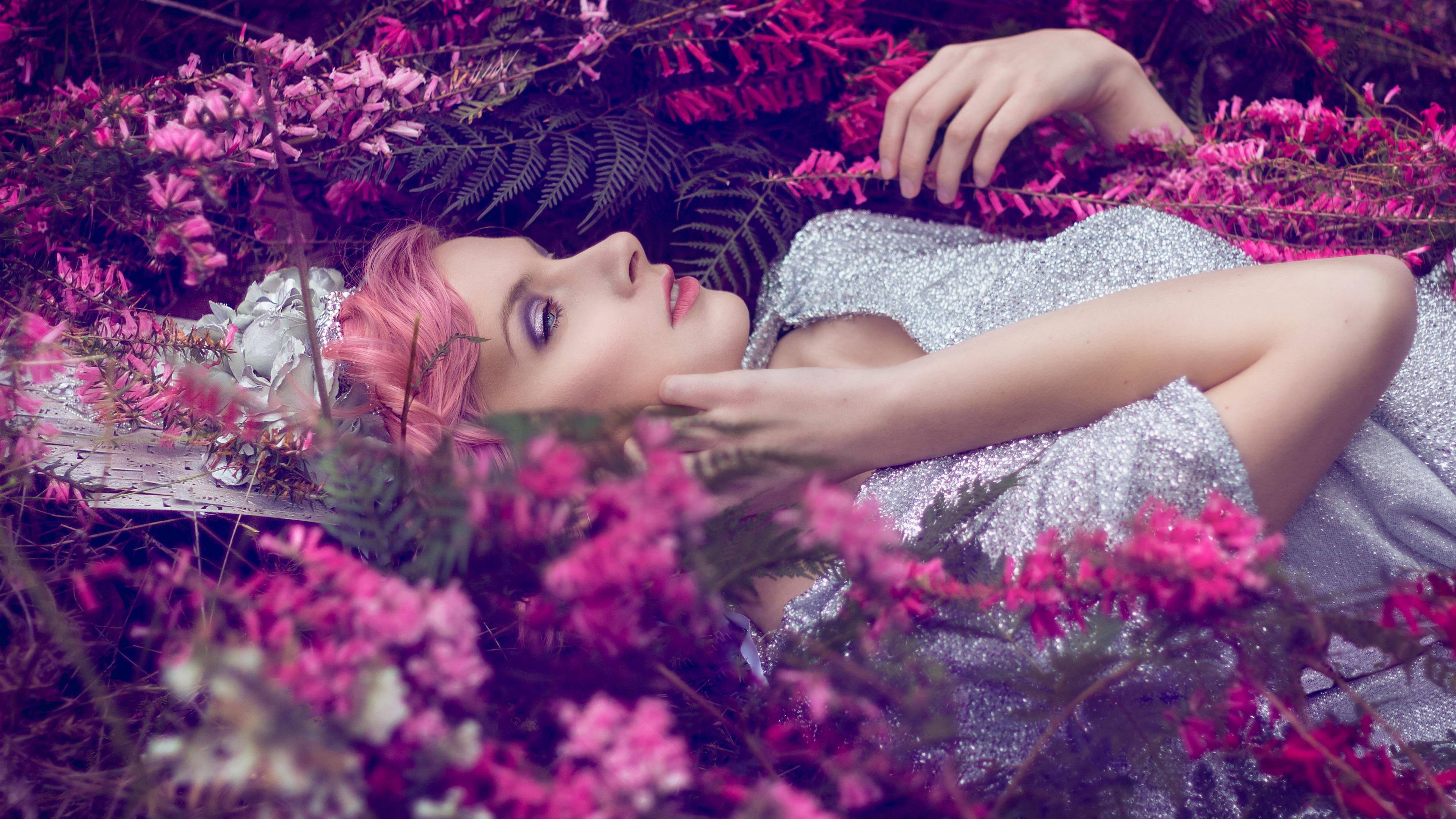 Wallpaper Pink hair girl sleep, flowers, shine 3840x2160 UHD
