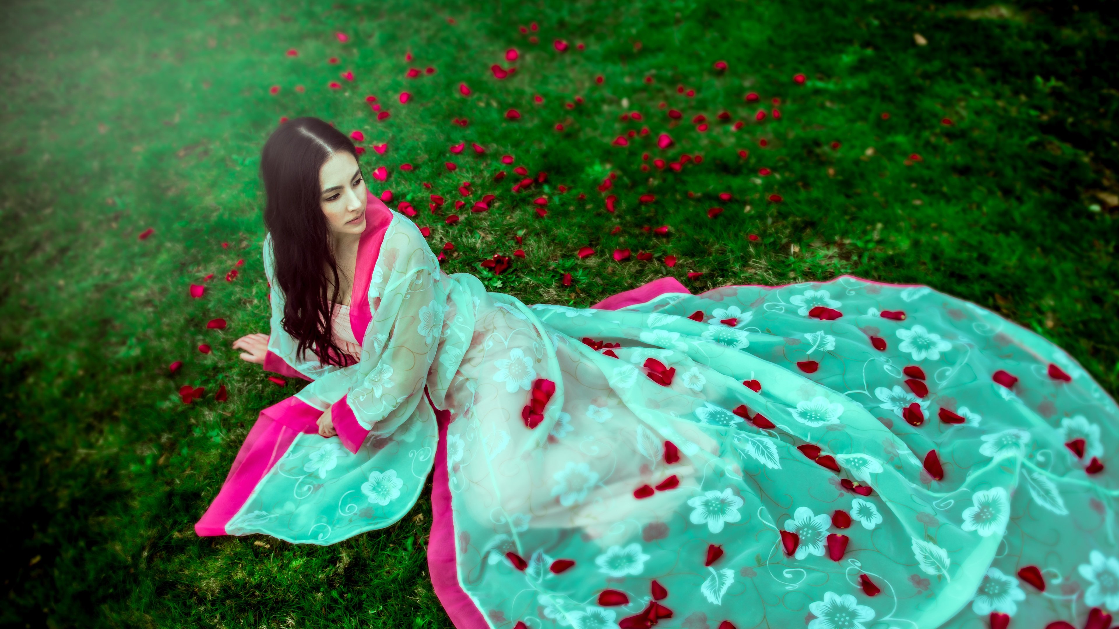 Wallpaper Beautiful dress girl, lying on grass, rose petals