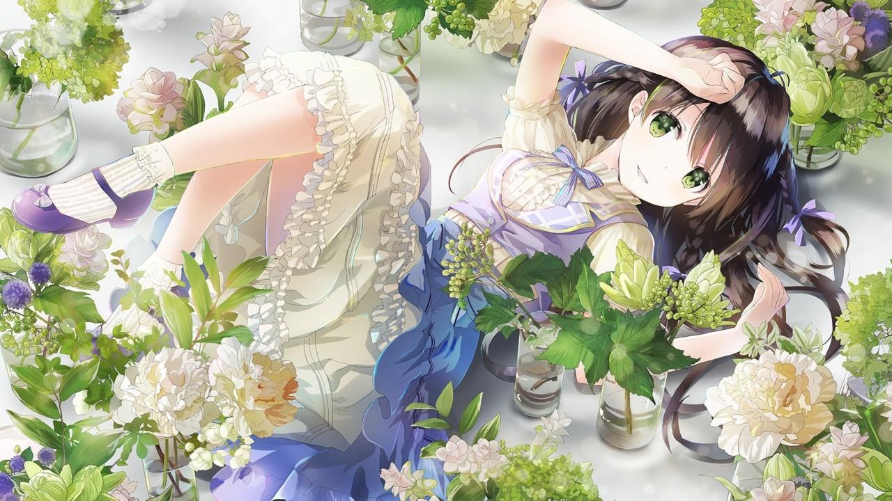 Download 1280x720 Anime Girl, Lying Down, Flowers, Vase