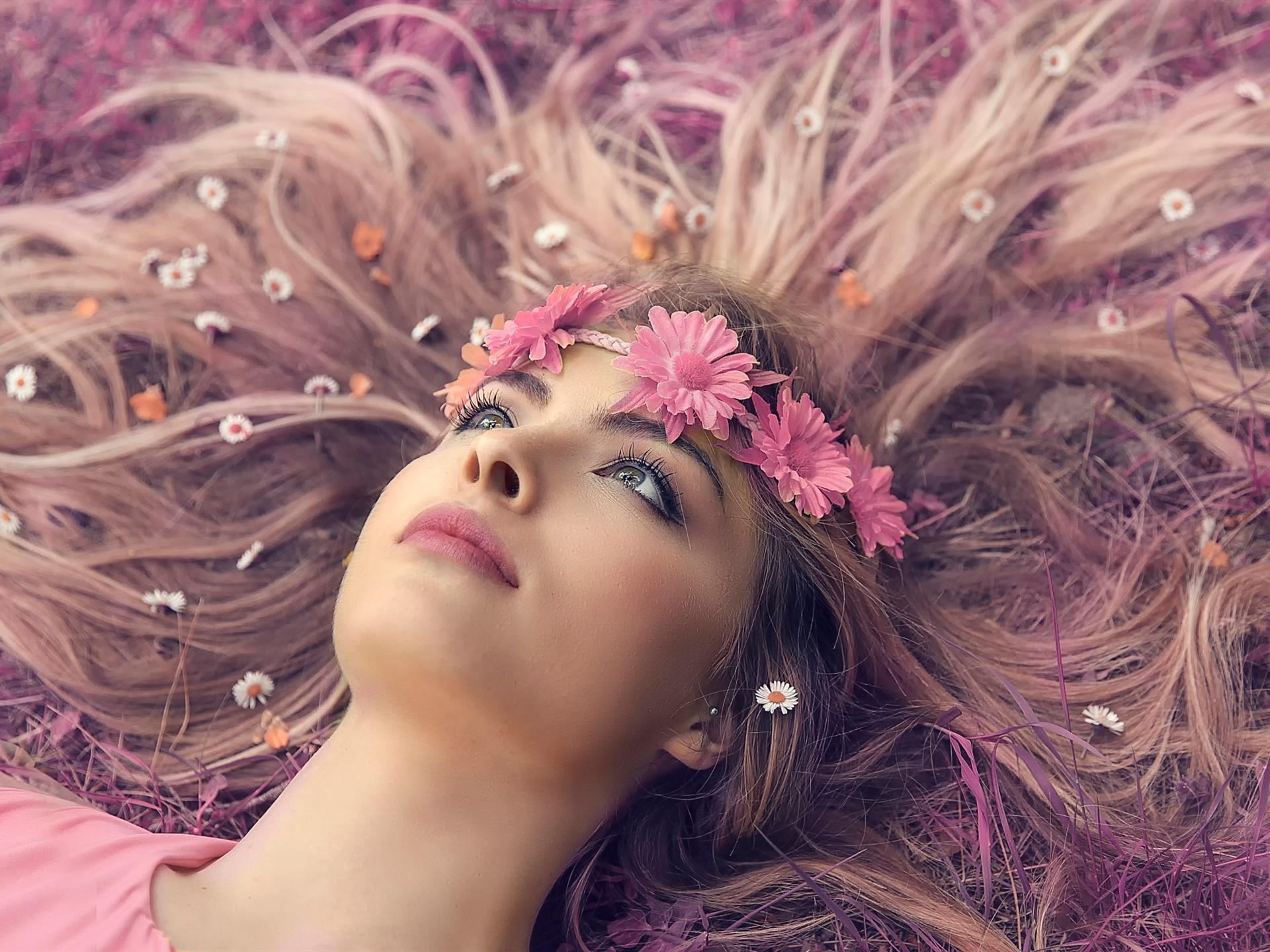 Girl lying ground, lips, wreath, flowers, long hair Desktop