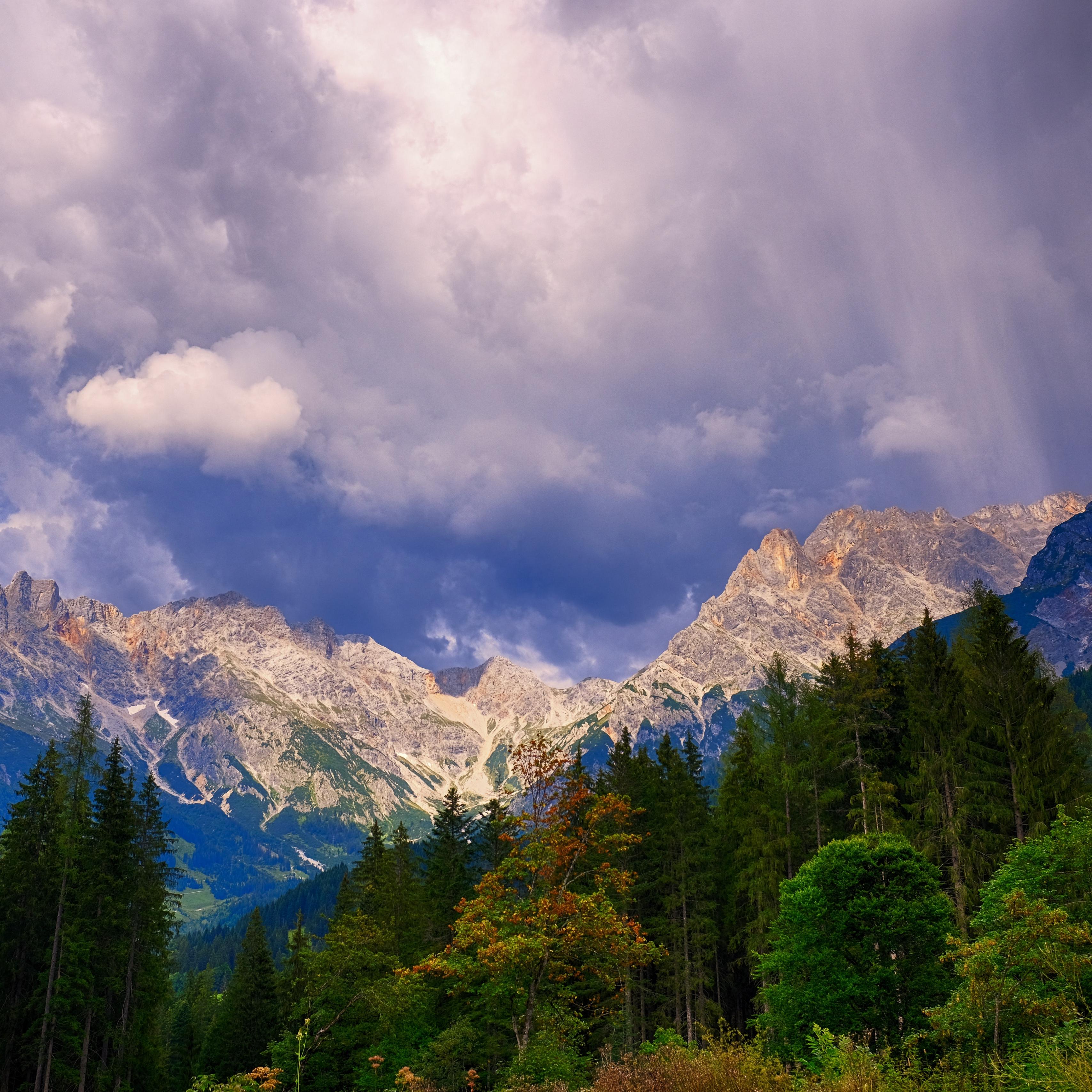 Download wallpaper 3415x3415 mountains, trees, clouds