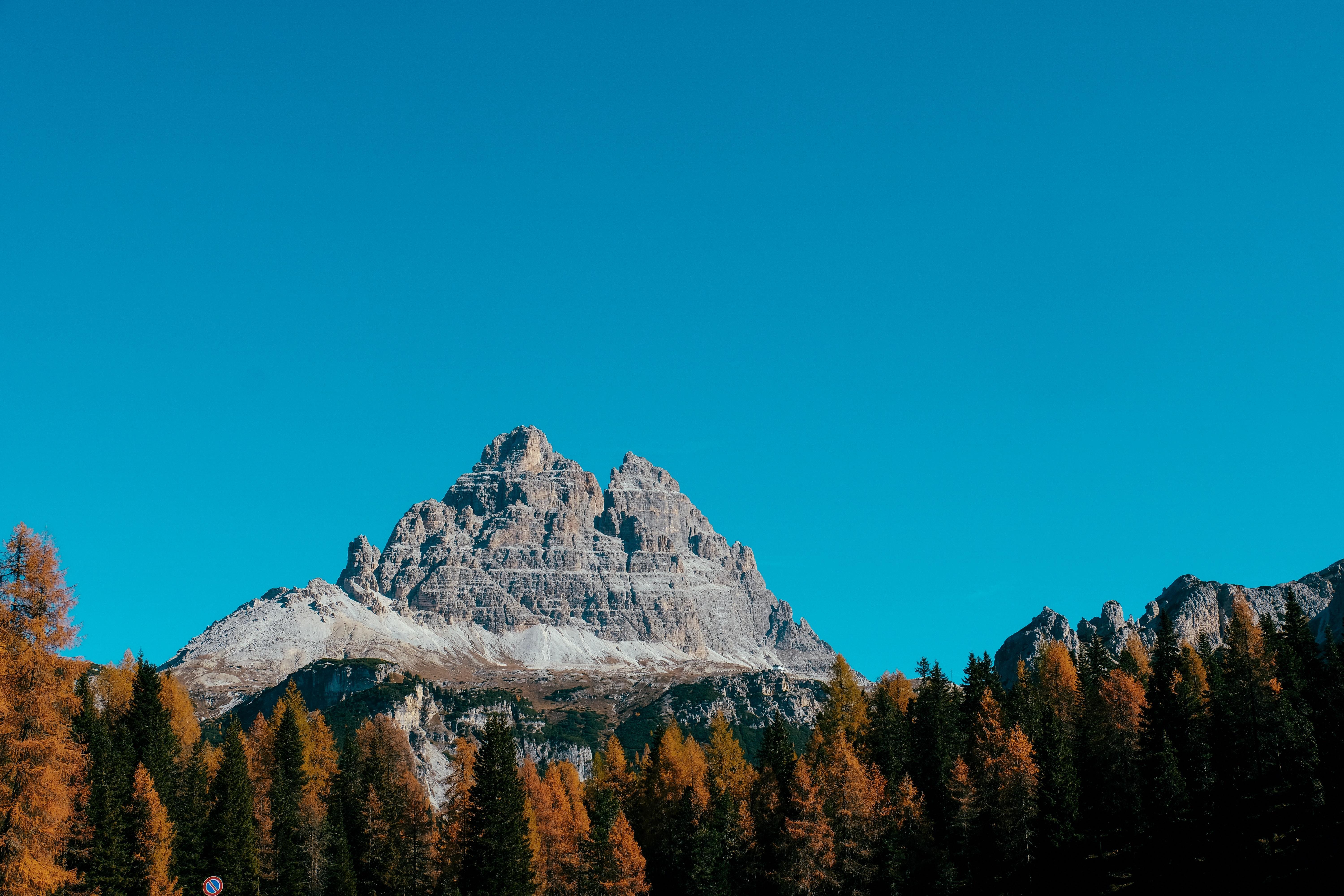 wallpaper mountain, peak, trees, autumn, sky, mountain