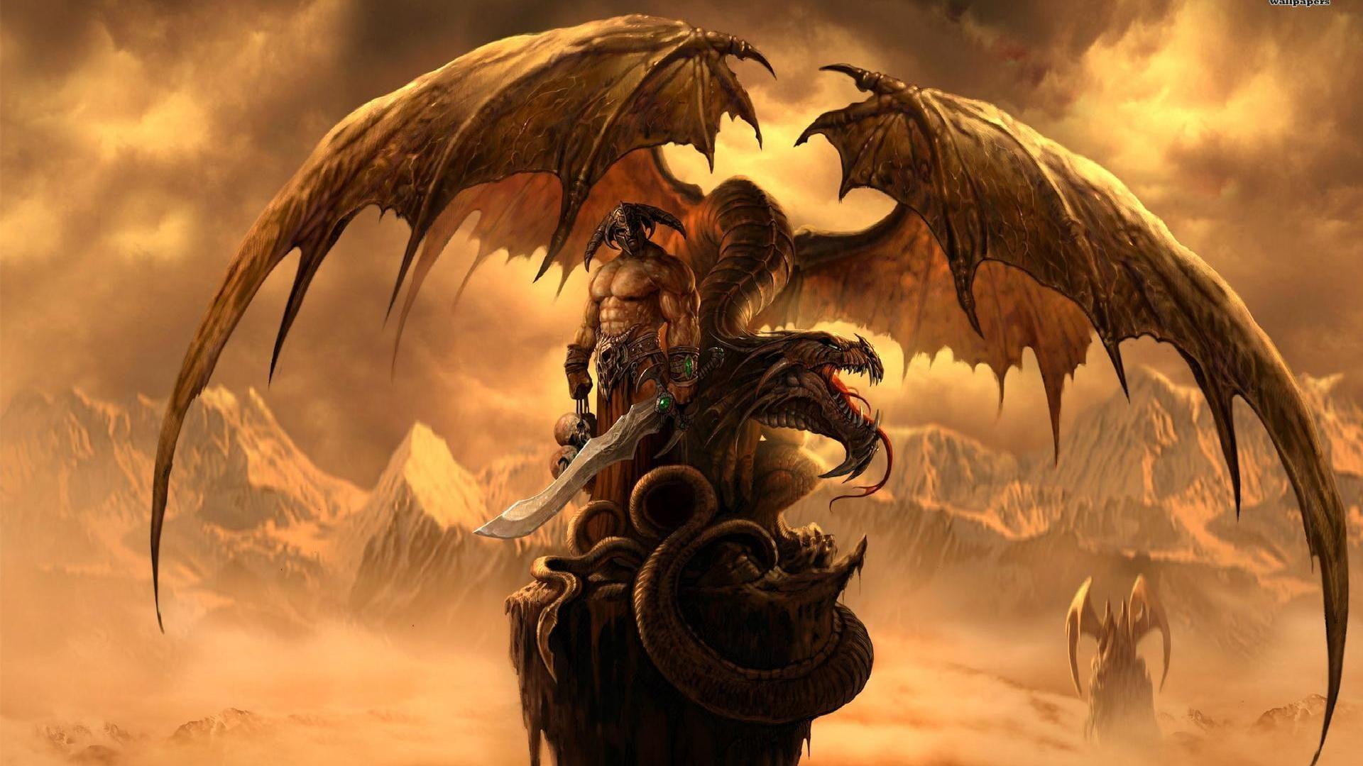 Brown dragon illustration, dragon, fantasy art, warrior