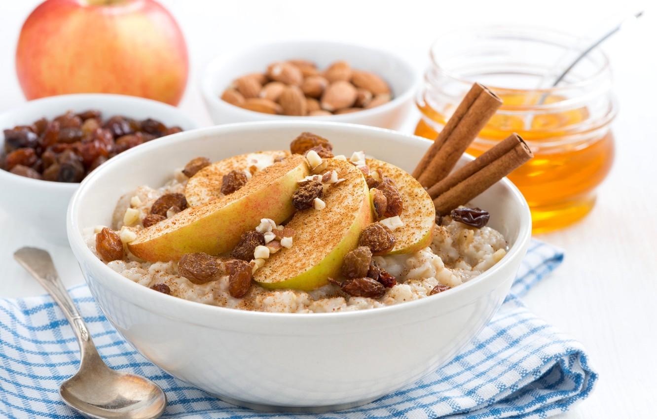 Wallpaper Apple, honey, nuts, cinnamon, raisins, porridge