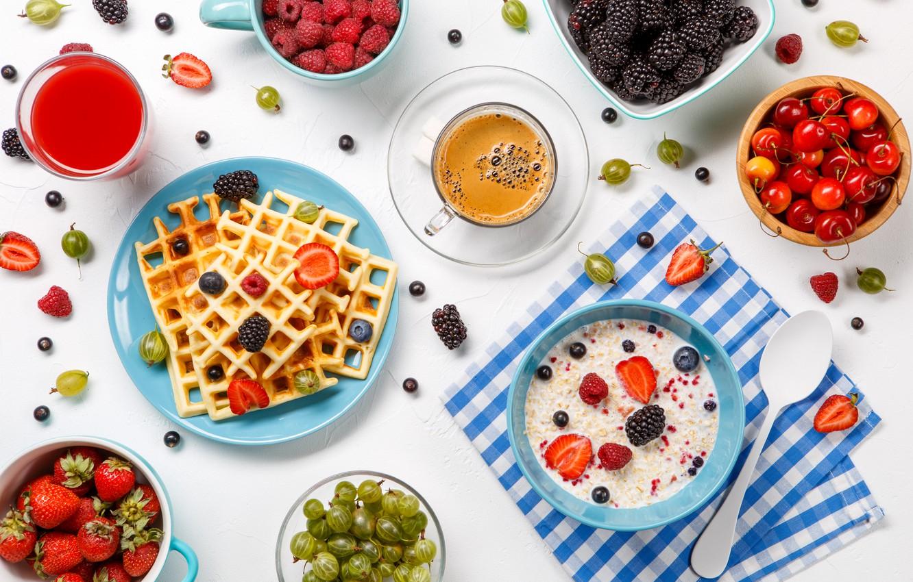 Wallpaper berries, coffee, Breakfast, waffles, porridge