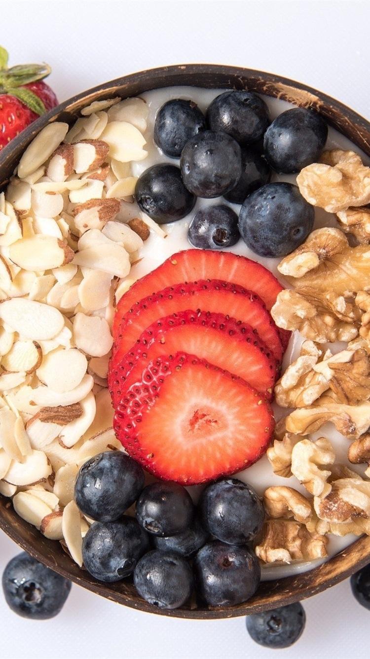 Breakfast, yogurt, oatmeal, nuts, strawberry, blueberry