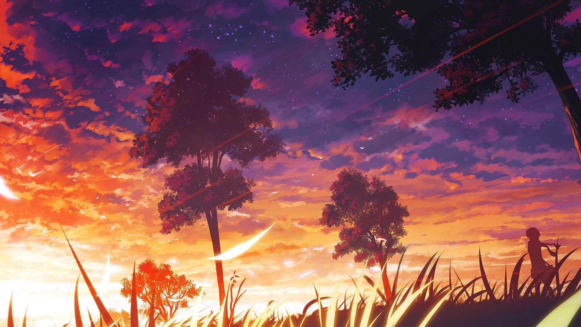 Download A cute anime profile picture with a gorgeous sunset backdrop!