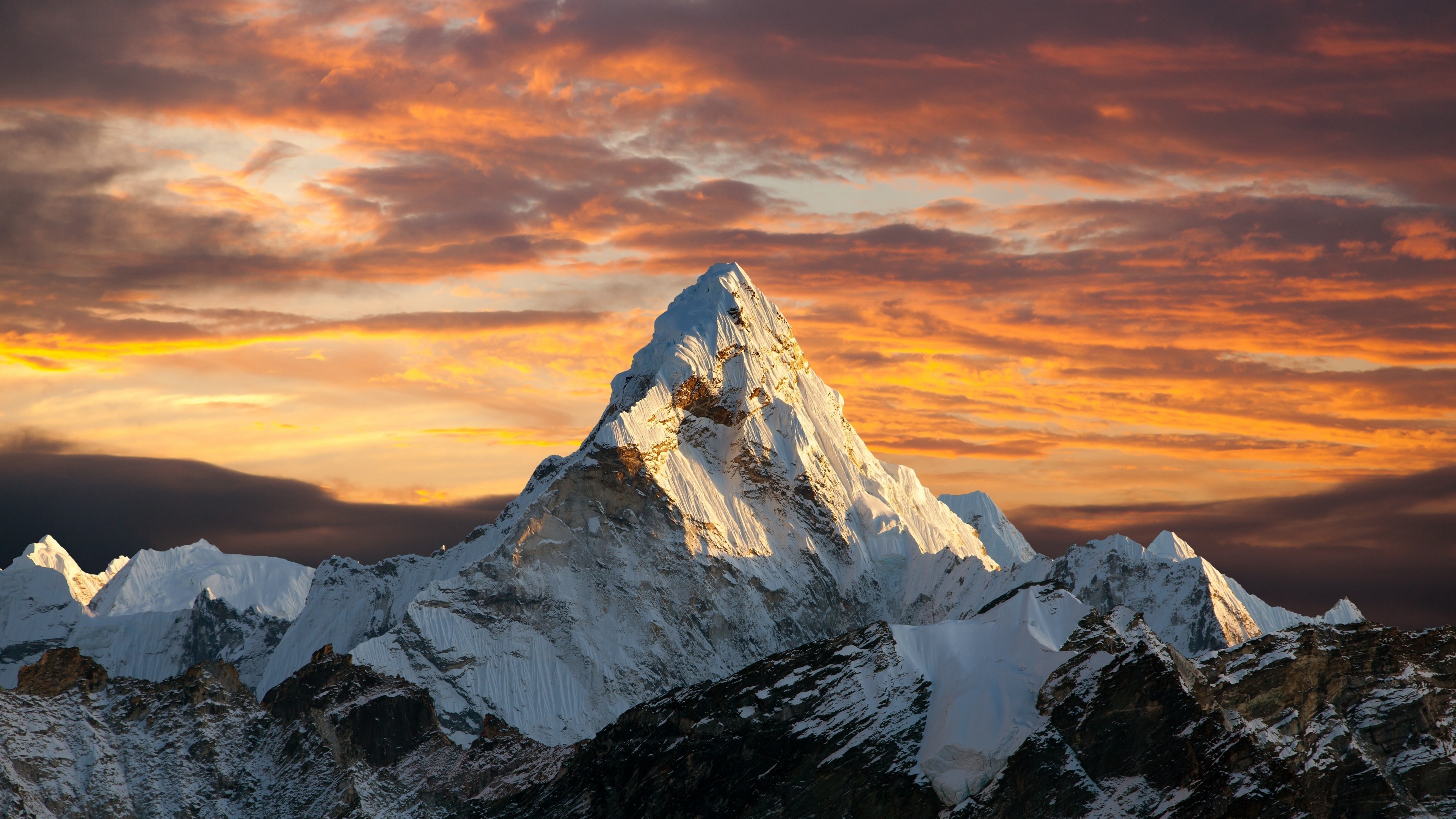 Download 3840x2160 Mountain, Sunset, Snow, Clouds, Landscape