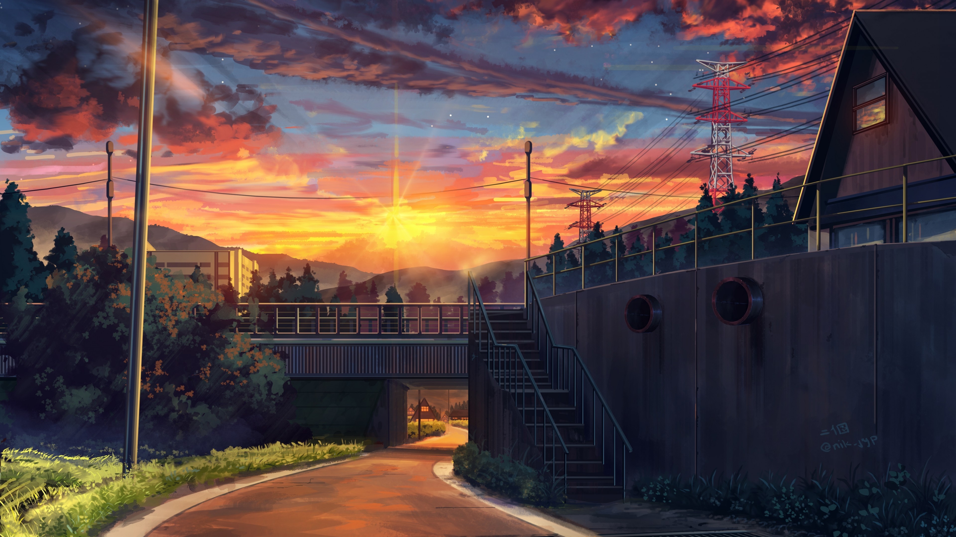 Download 3840x2160 Anime Sunset, Landscape, Scenic, Clouds