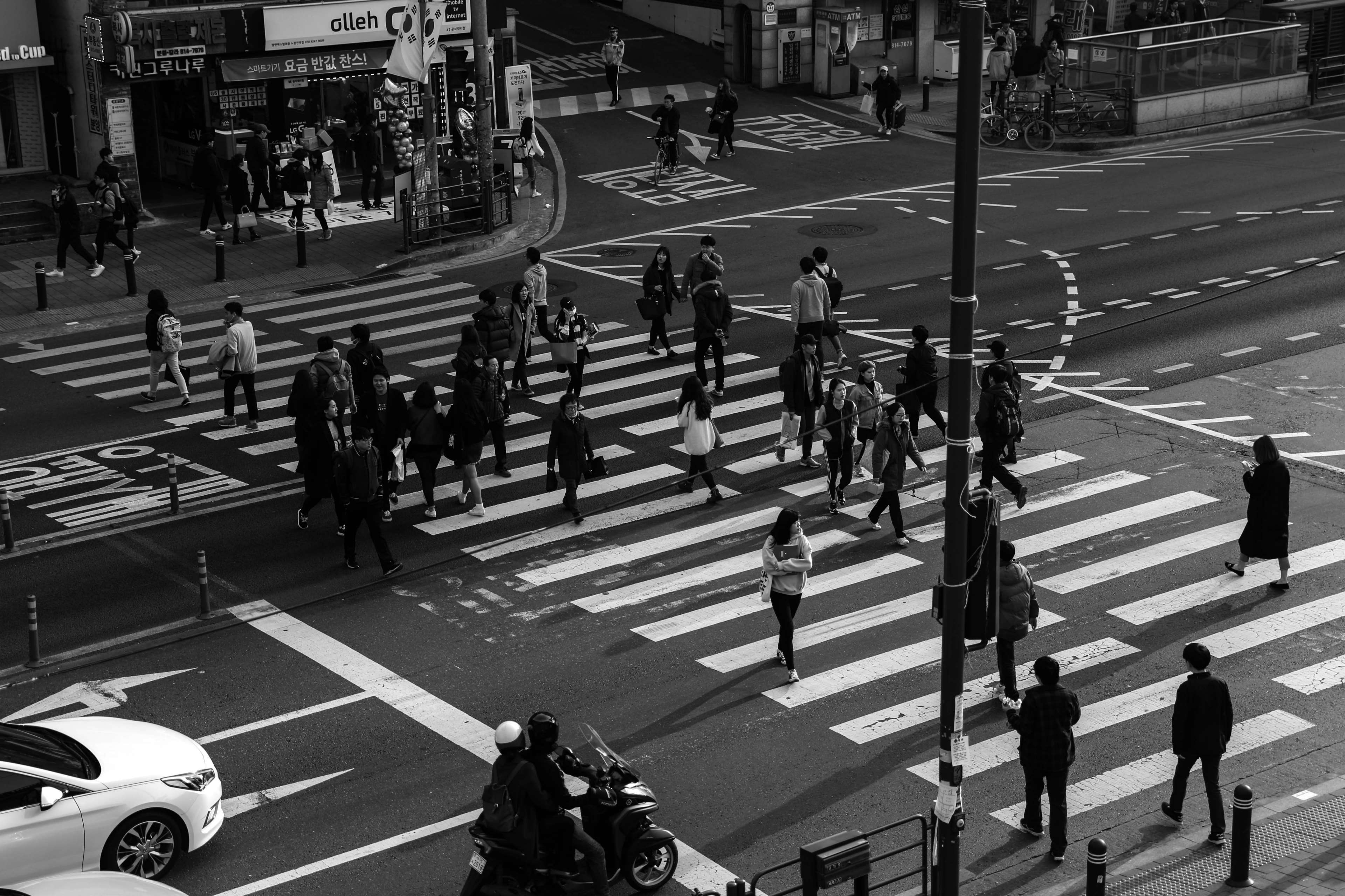 black and white, busy, crossing, crossroads, life