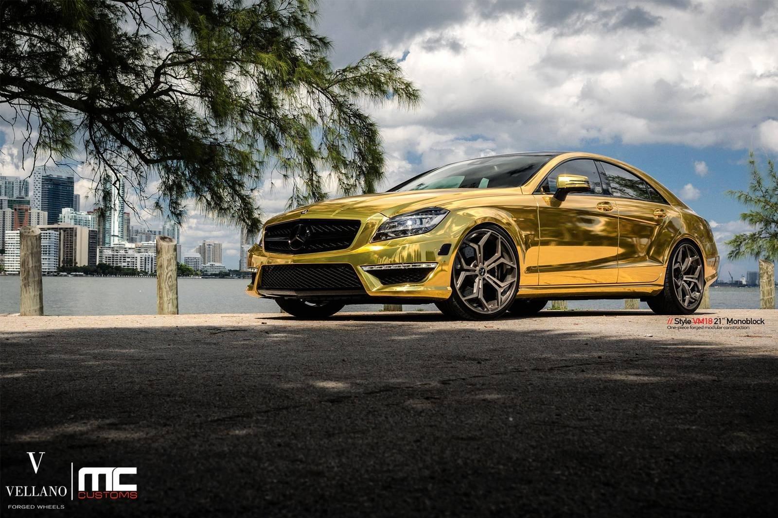 Mercedes CLS 63 AMG cars gold chrome wrapping tuning