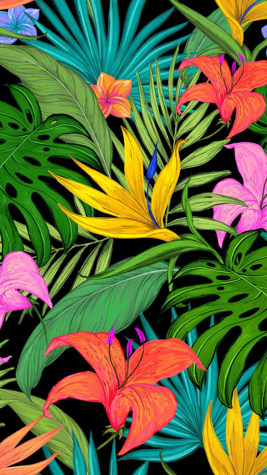 Wallpaper Pattern, Tropical, Flowers, Leaves, Lilies