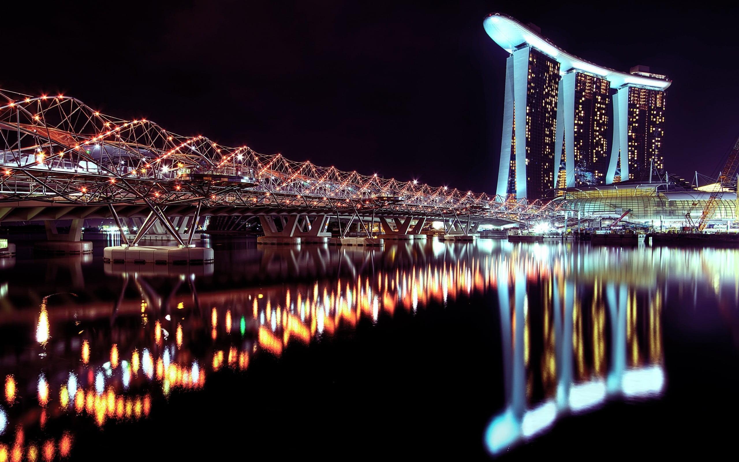 Helix Bridge at night time, lights, Marina Bay, Singapore