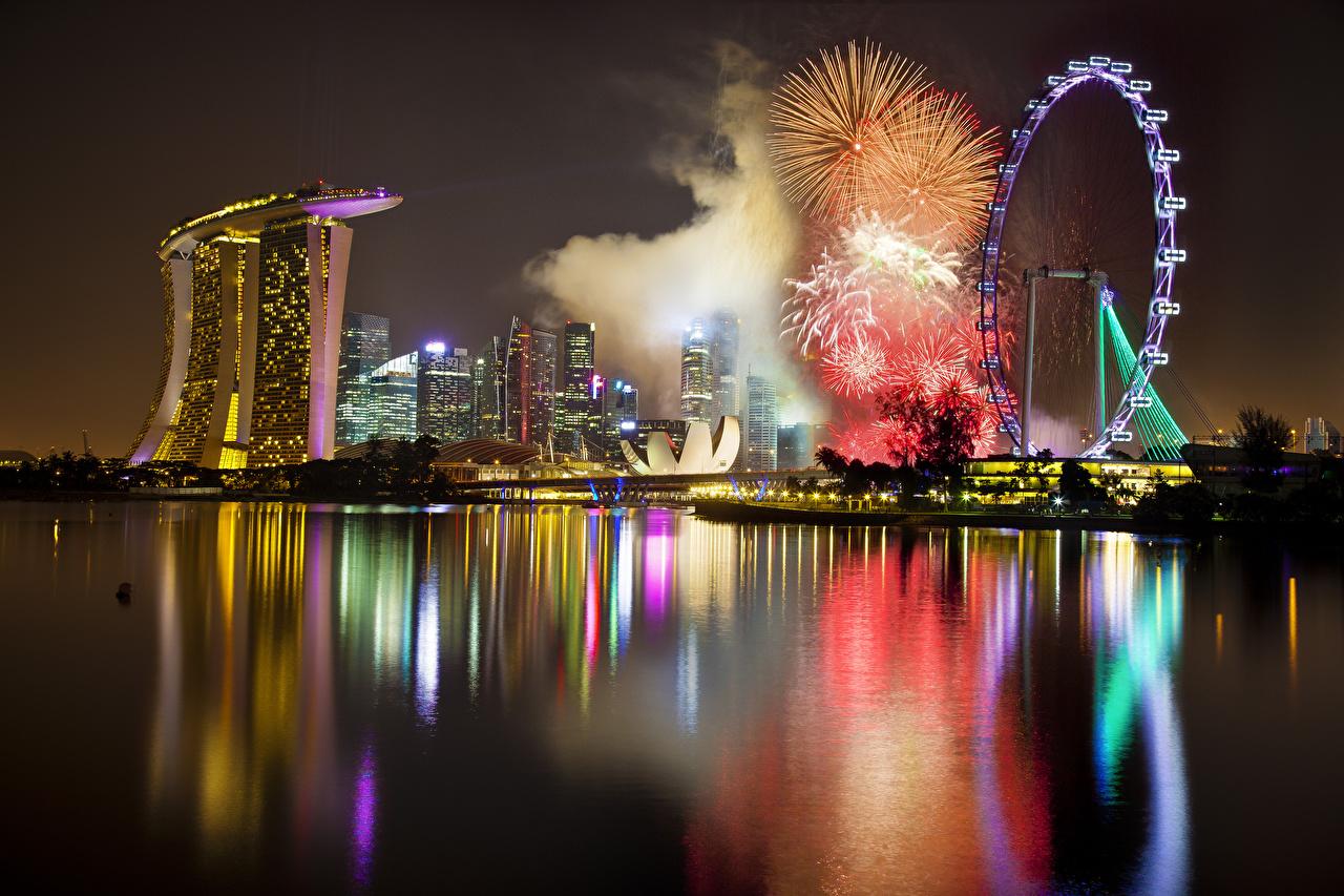Wallpaper Fireworks Singapore Marina Bay Sands Ferris wheel