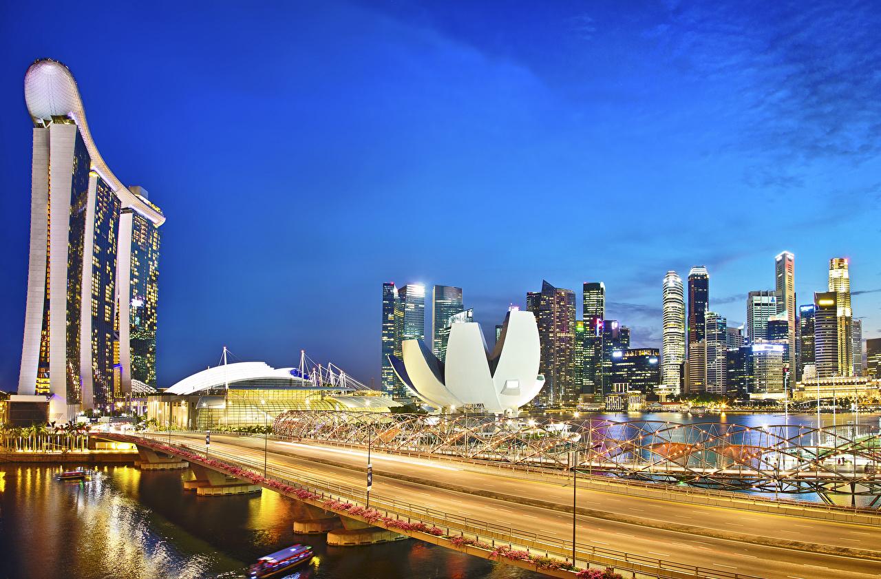 Image Singapore Marina Bay Sands Bridges Roads Night Cities