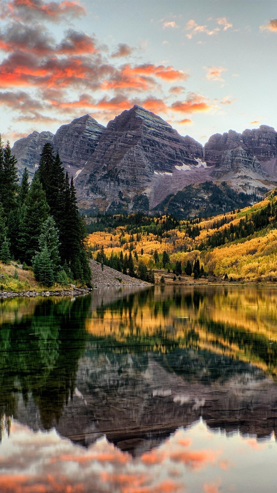 Wallpaper Maroon Bells, mountains, trees, lake, autumn