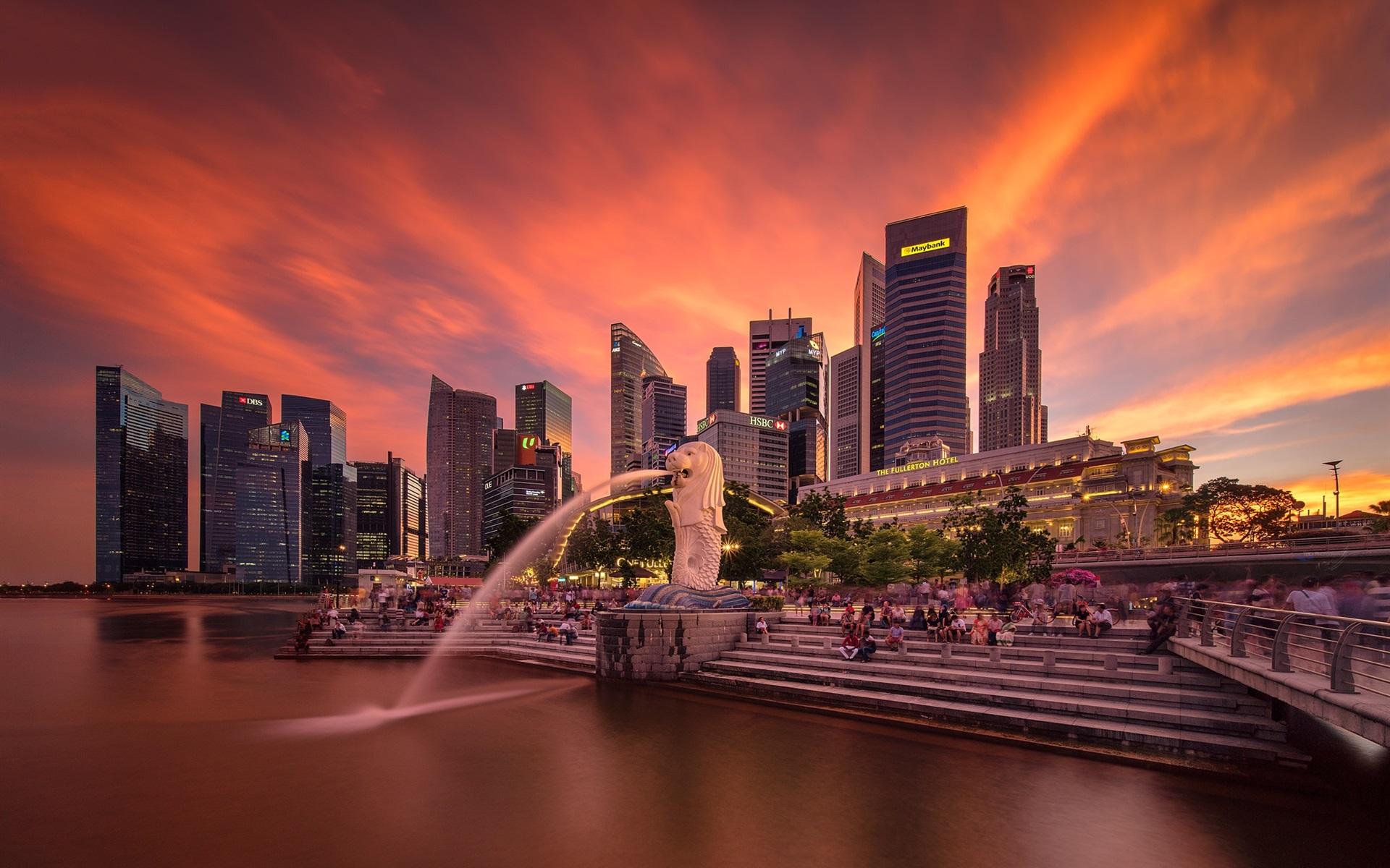 Wallpaper Singapore, fountains, skyscrapers, red sky, dusk