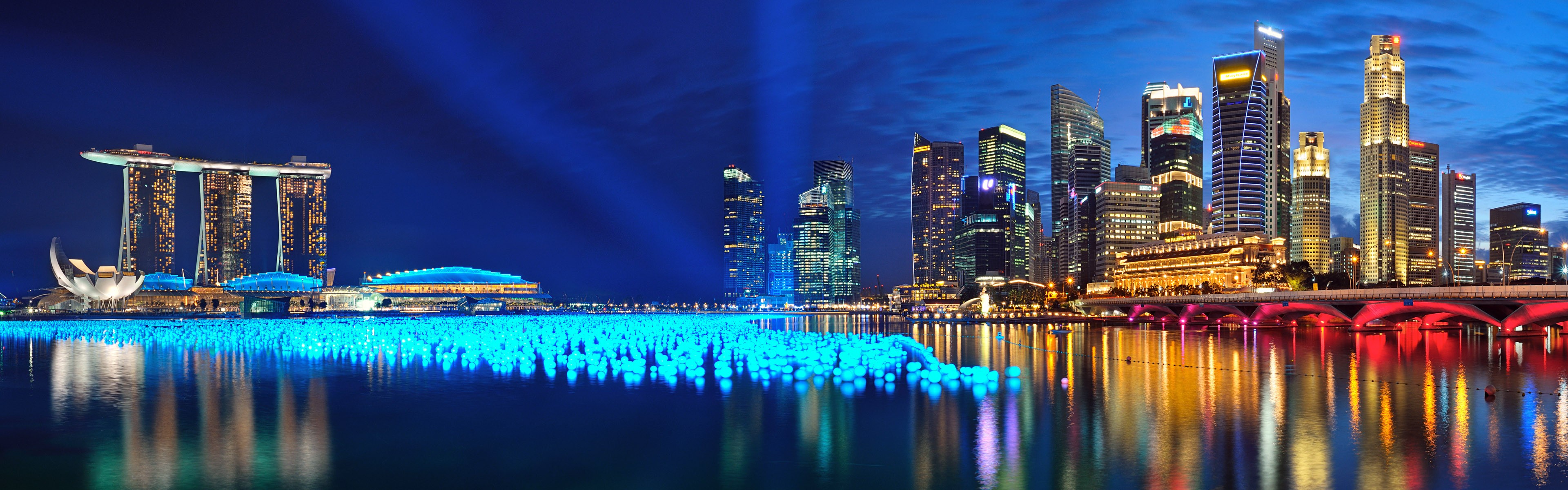 Singapore, glowing, skyscrapers, city lights, panorama