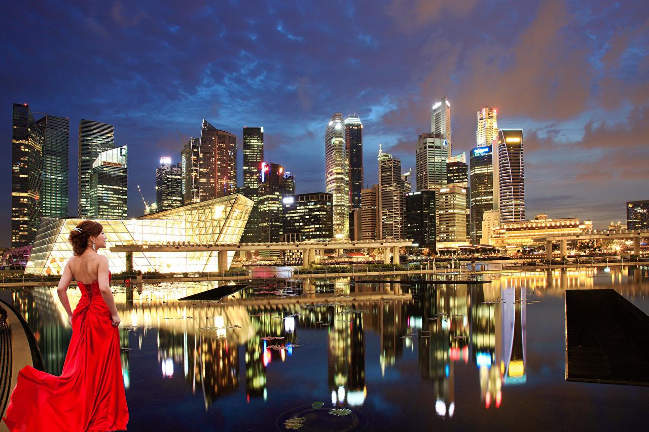 Desktop Wallpaper Singapore Girls Night Skyscrapers Cities