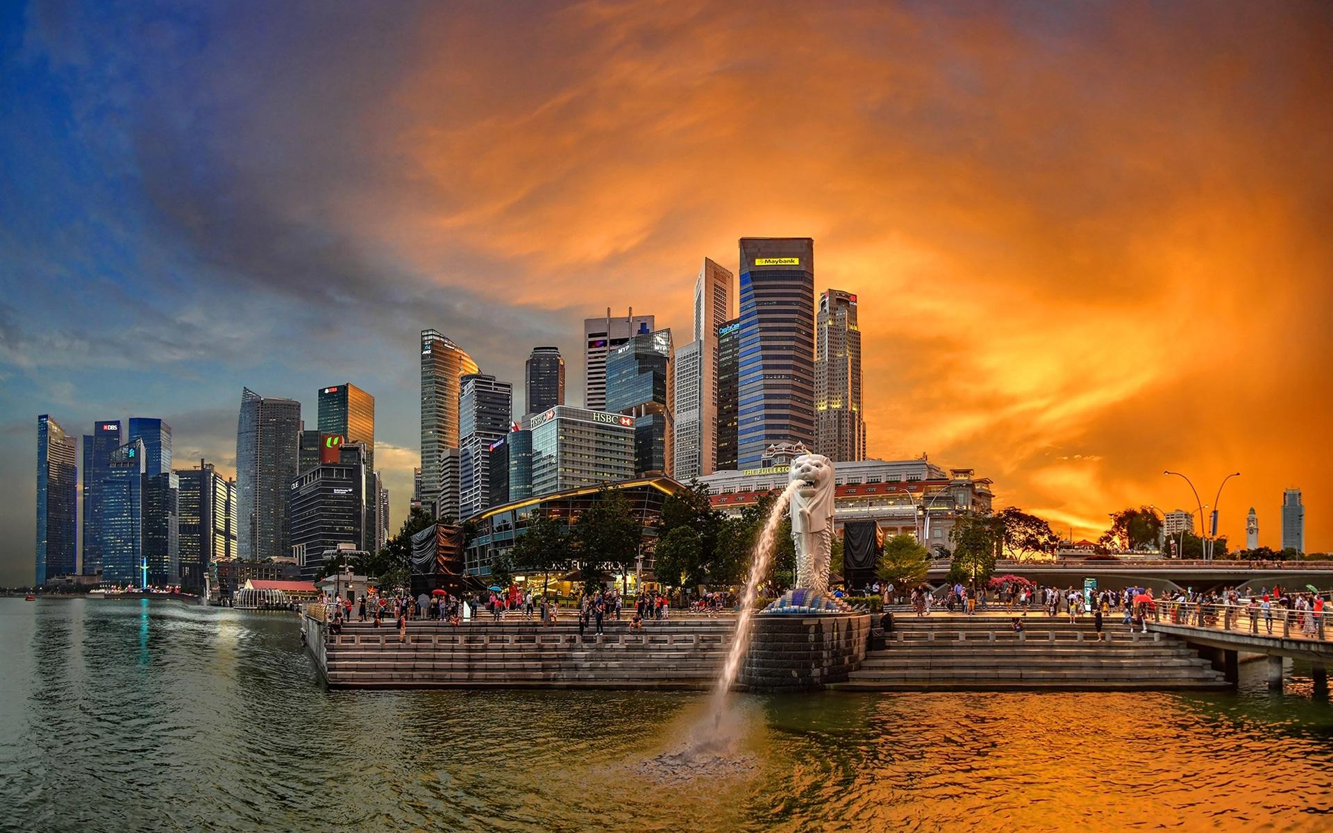 Wallpaper Singapore, Merlion Park, skyscrapers, river