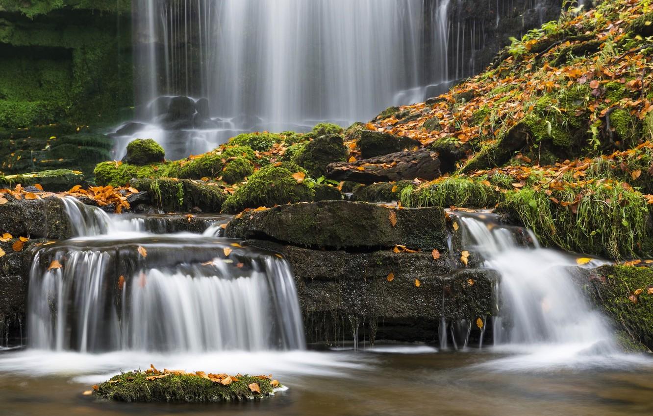 Wallpaper autumn, leaves, stones, England, waterfall, moss