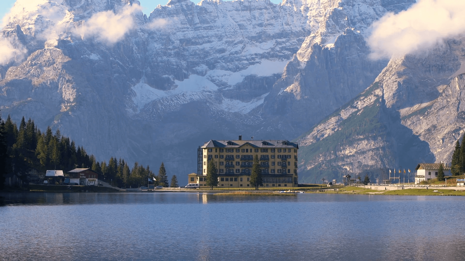 Lake Misurina with Dolomites Mountain in Italy Stock Video Footage