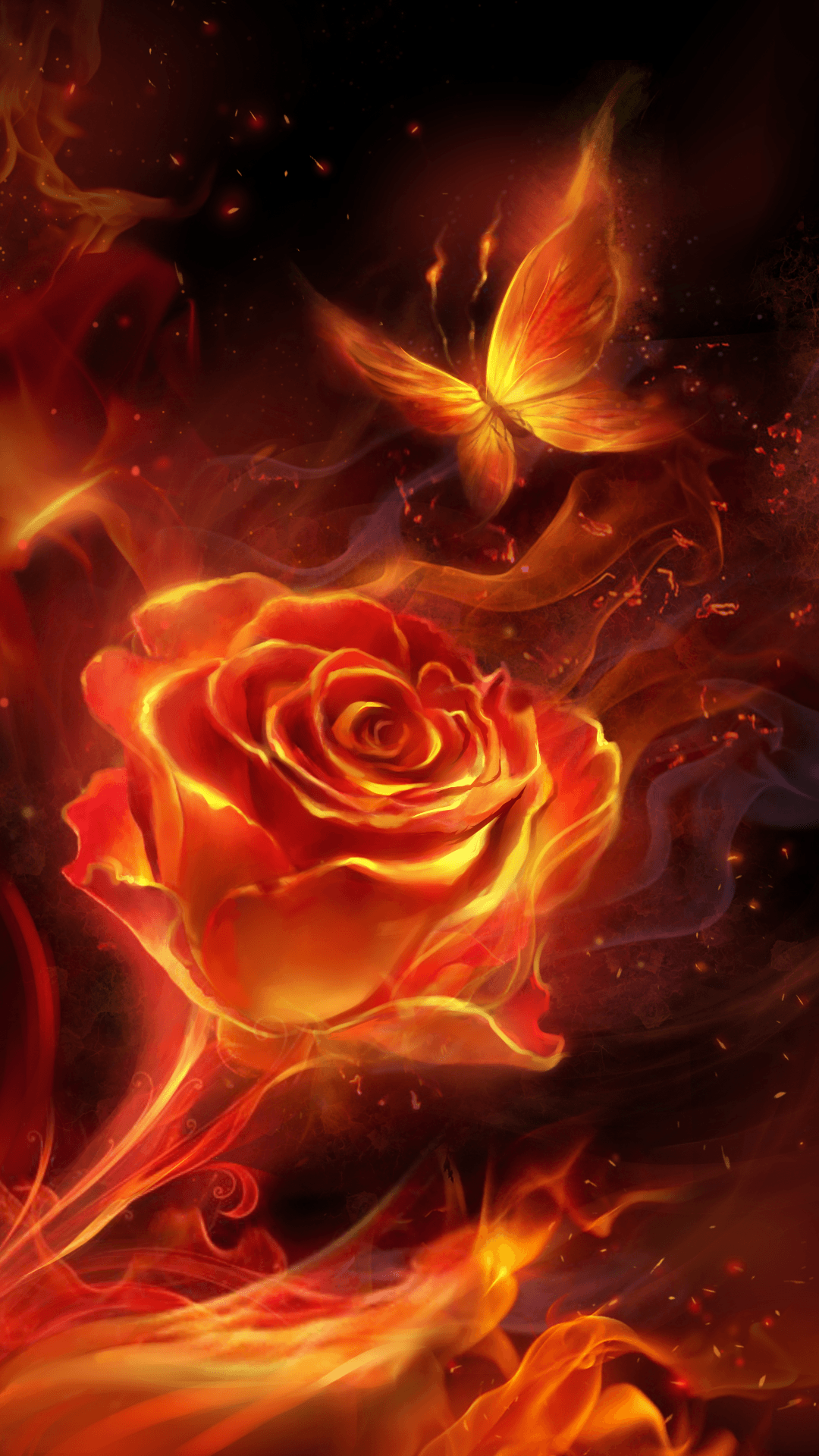 Fiery rose and butterfly! flame live wallpaper. Android