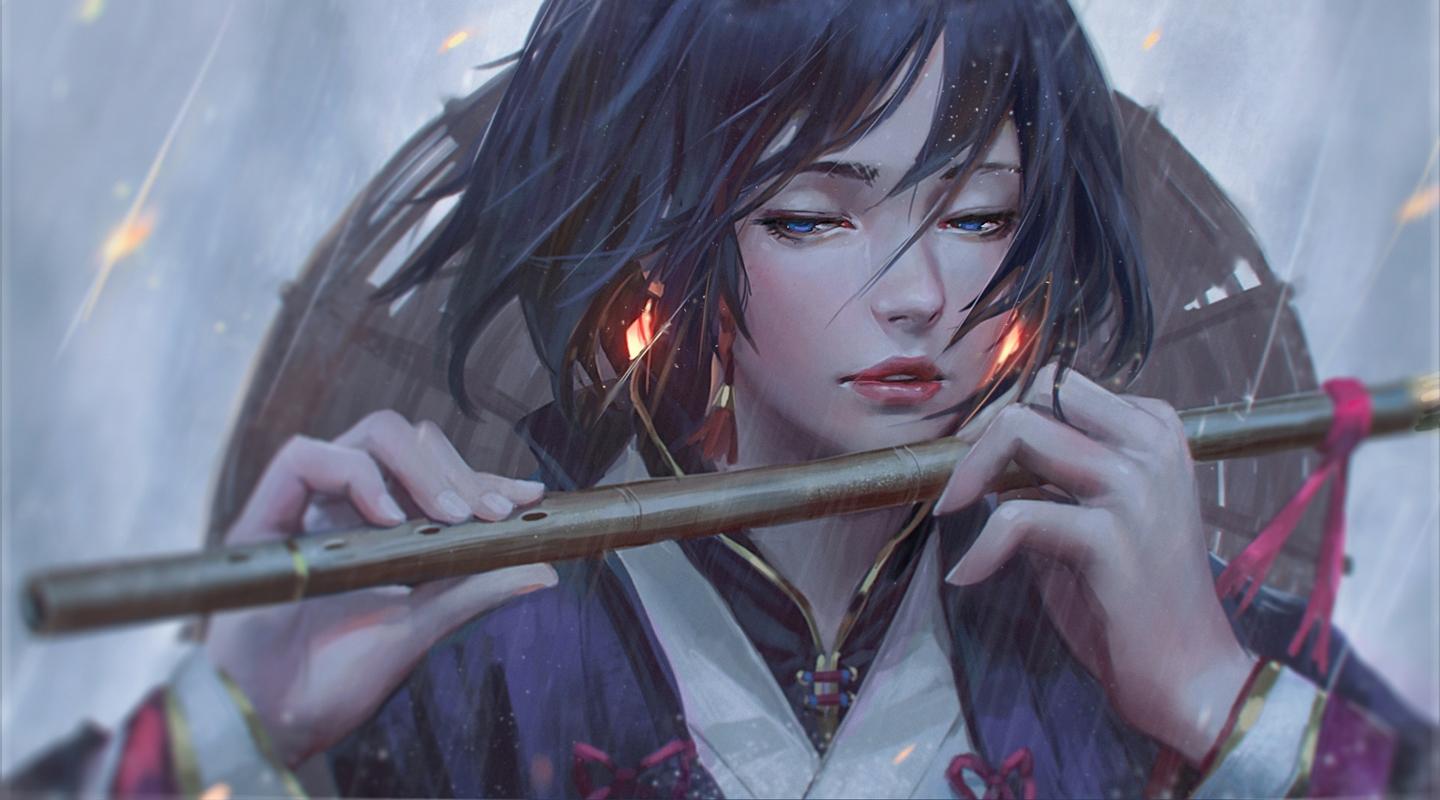 Semi realistic anime girl flute raining