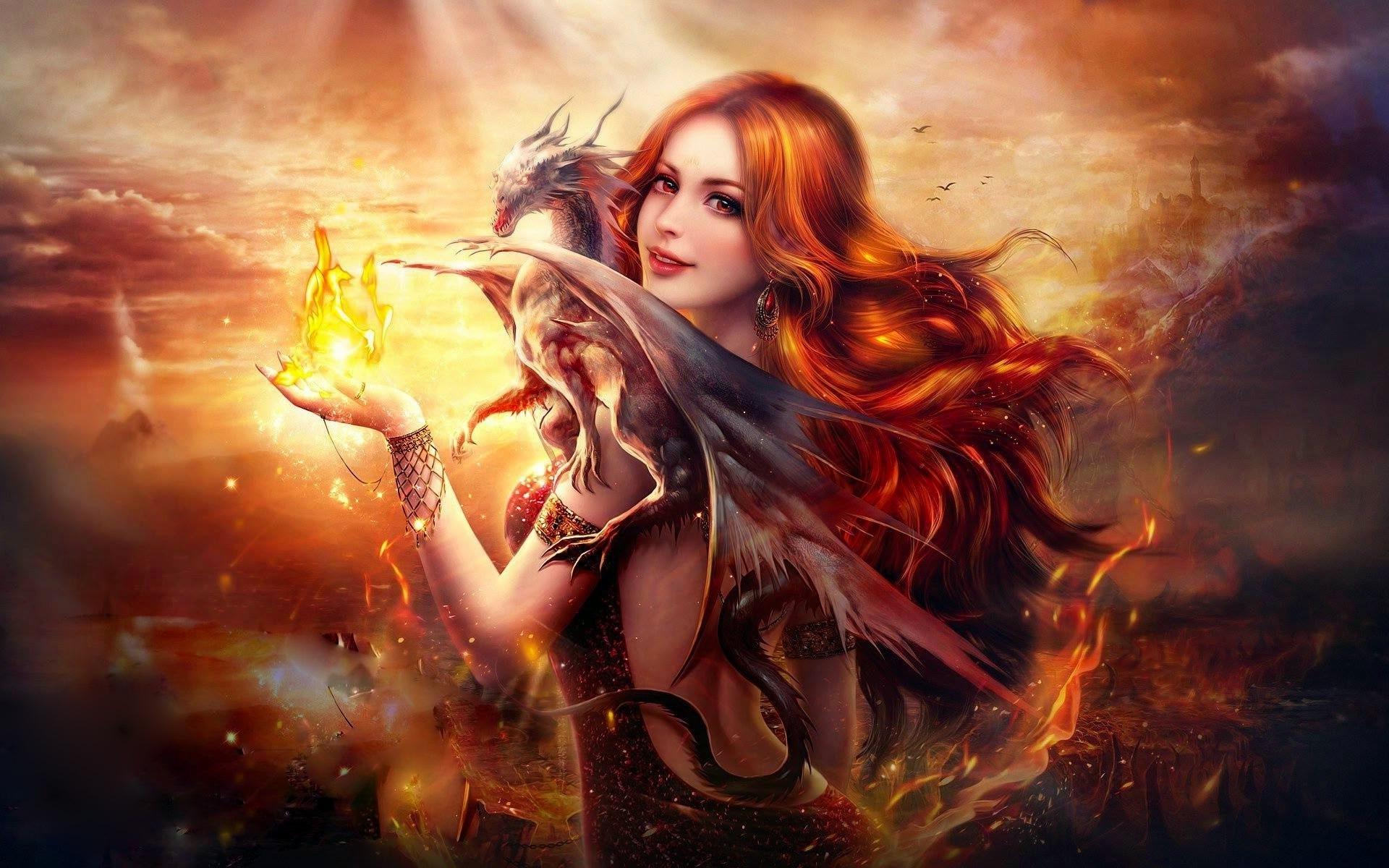 Wallpaper Beautiful fantasy girl, red haired, smile, dragon