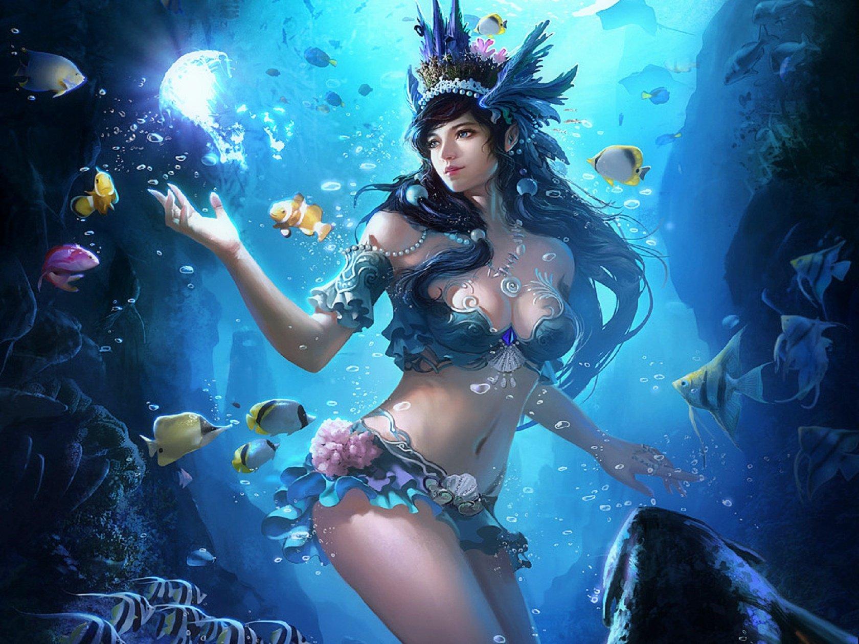 under, Water, Fish, Fantasy, Girl Wallpaper HD / Desktop