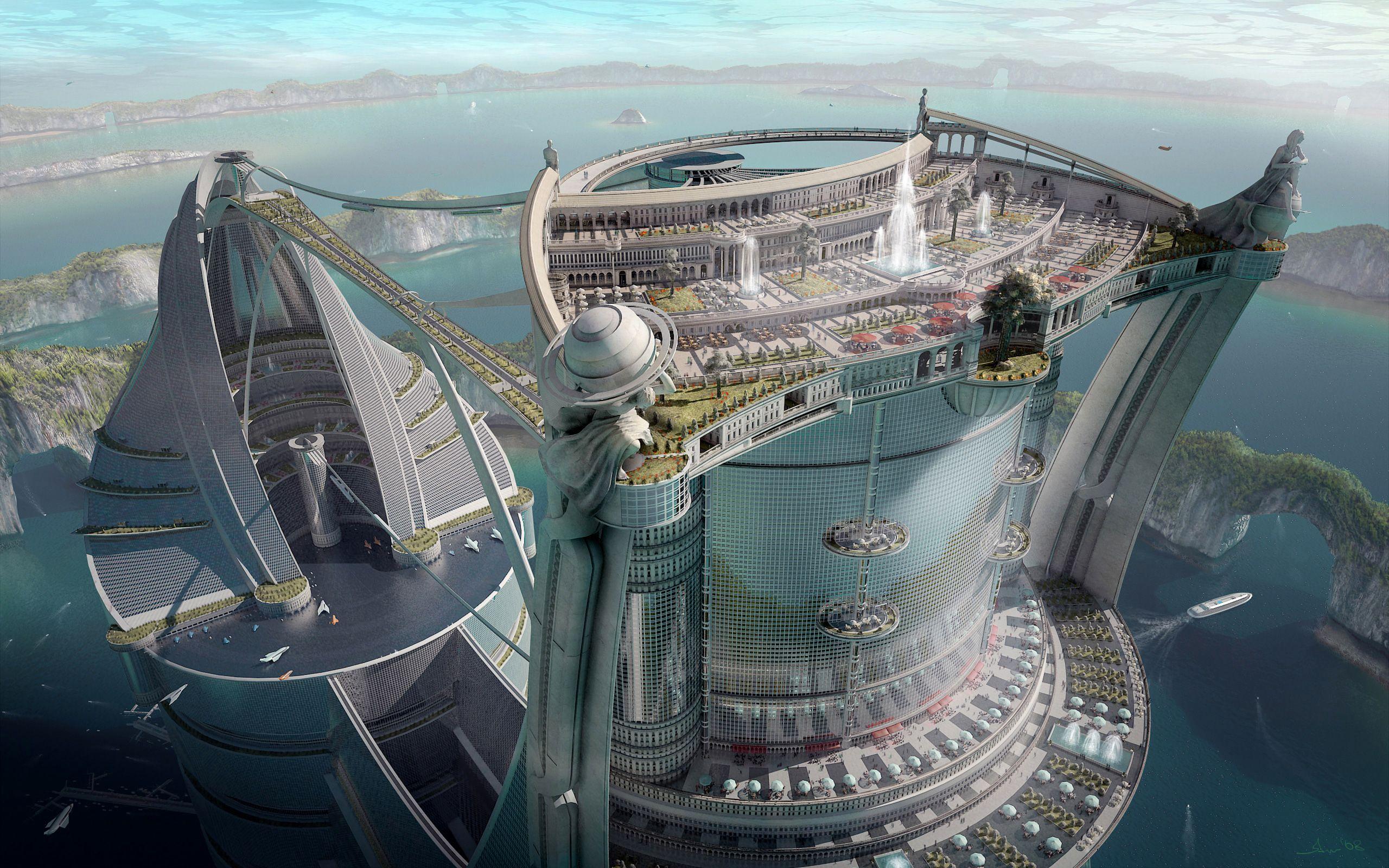 Sci Fi City Future Architecture Lake Ship Landscape Building