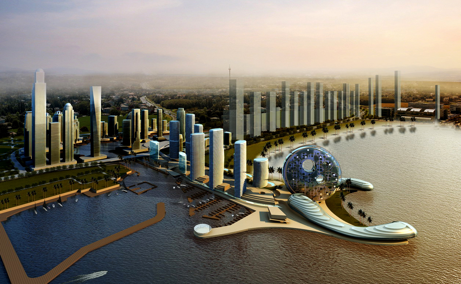 Futuristic Architecture Promenade Dubai Skyscrapers Desktop