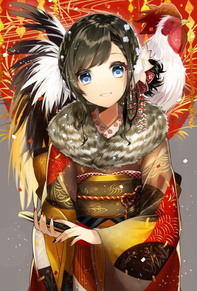 short hair, Blue eyes, Anime, Anime girls, Kimono, Japanese clothes HD Wallpaper / Desktop and Mobile Image & Photo
