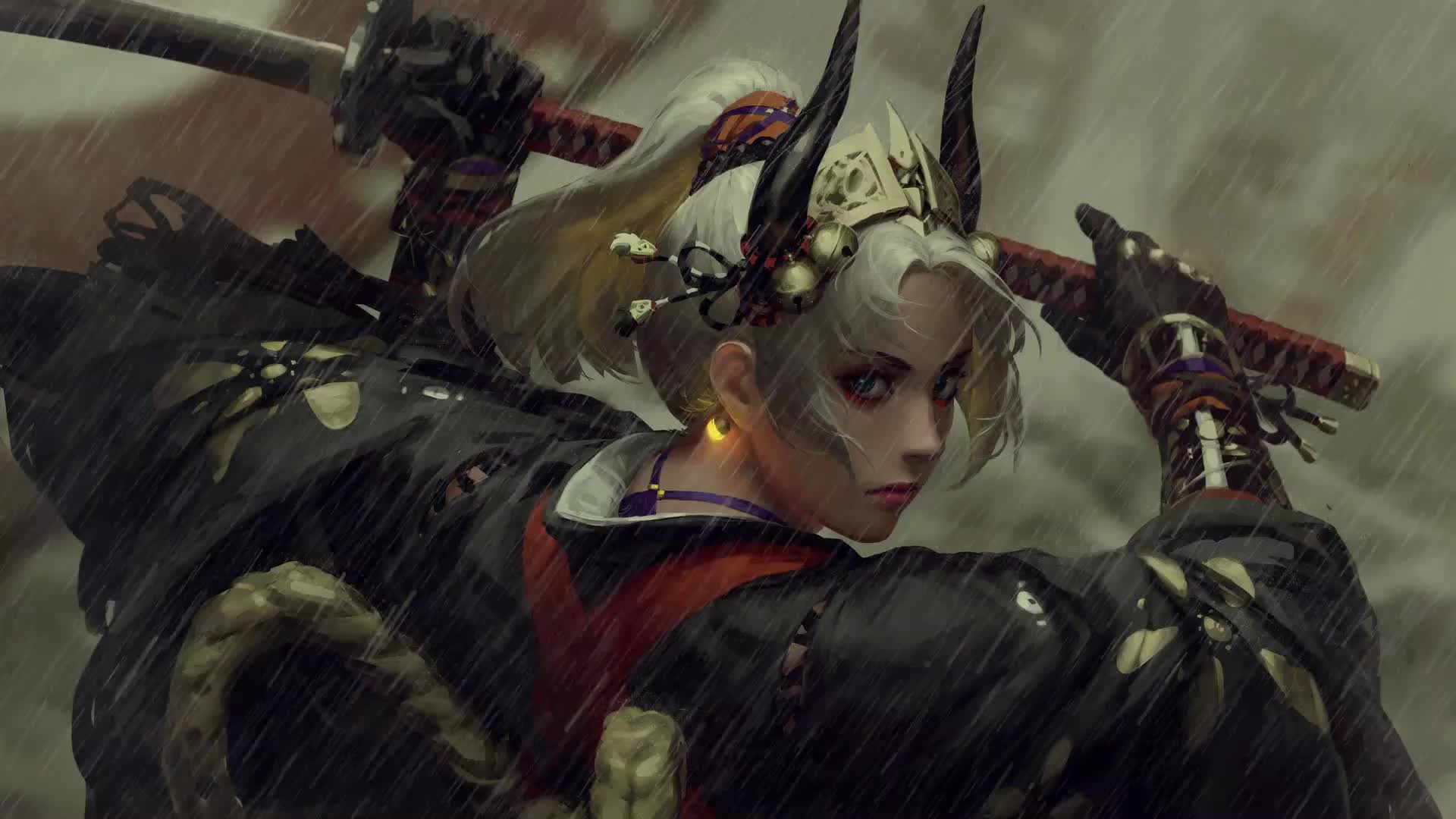 Samurai Girl Rain Live Wallpaper