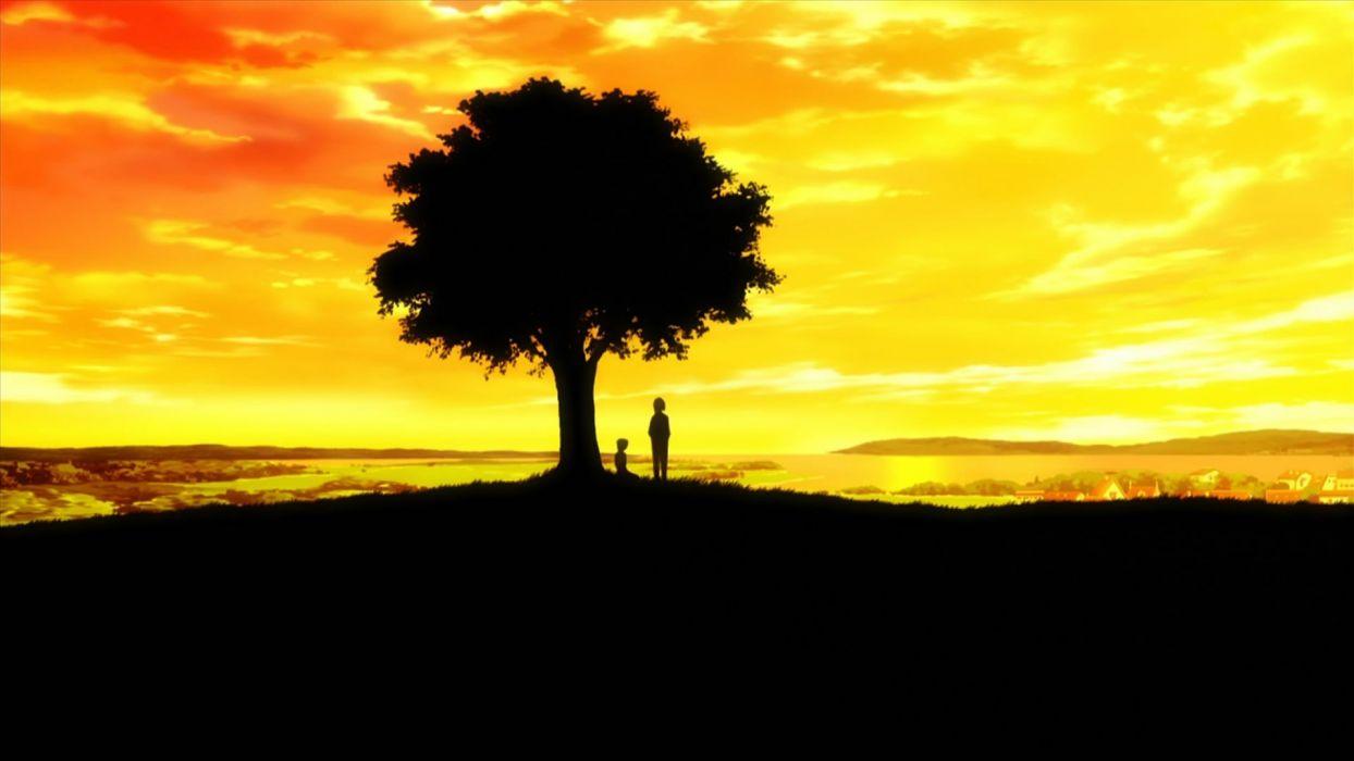 Sunset trees silhouettes anime wallpaperx1080