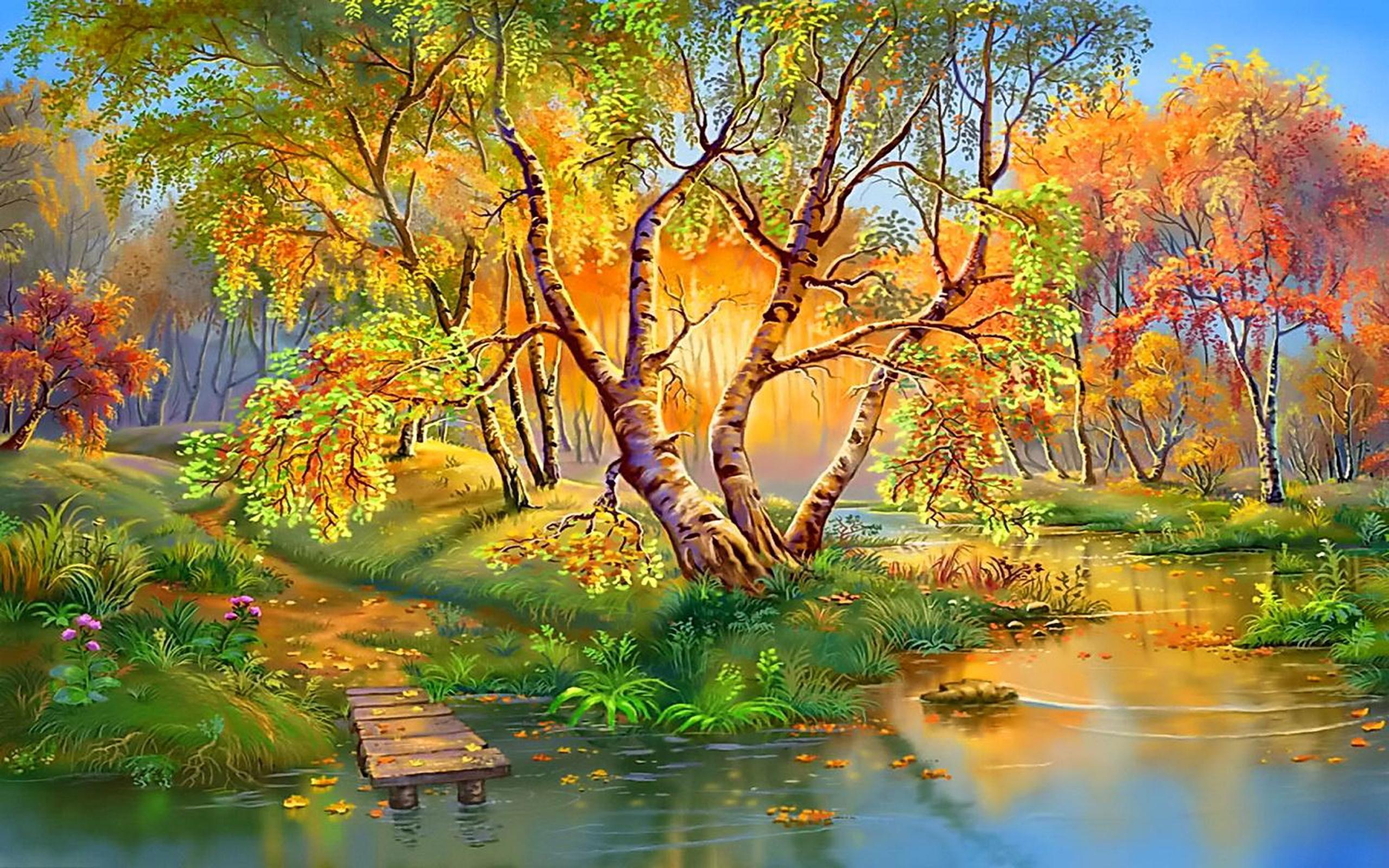 Autumn Beautiful Landscape, Nature, Birch Trees, River, Sun