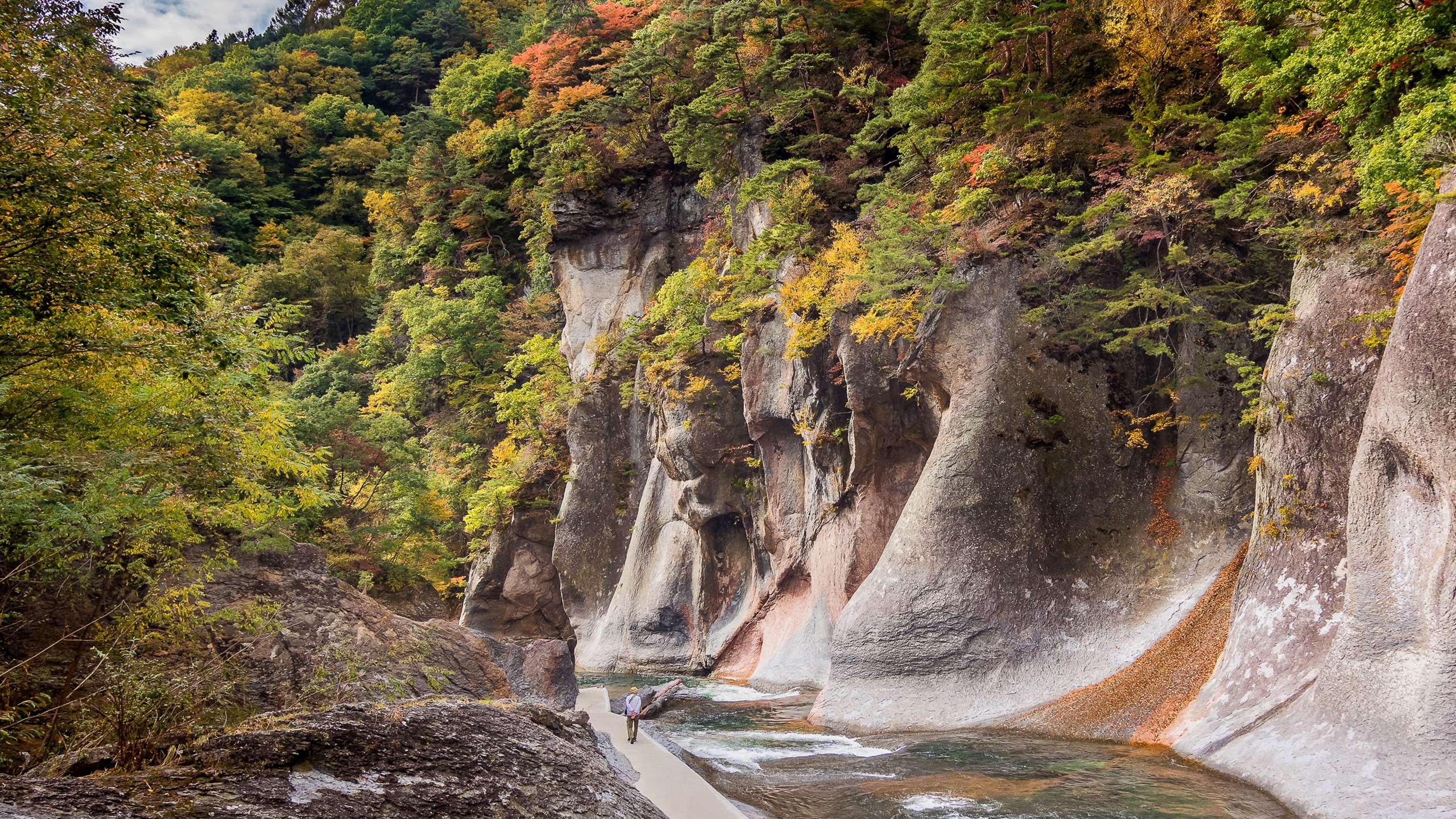 Wallpaper Japan, Gunma, rocks, canyon, river, trees, autumn