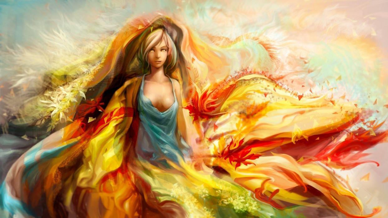 Fantasy colors vibrant bright autumn fall leaves art artistic boobs gowns paintings anime wallpaperx1080