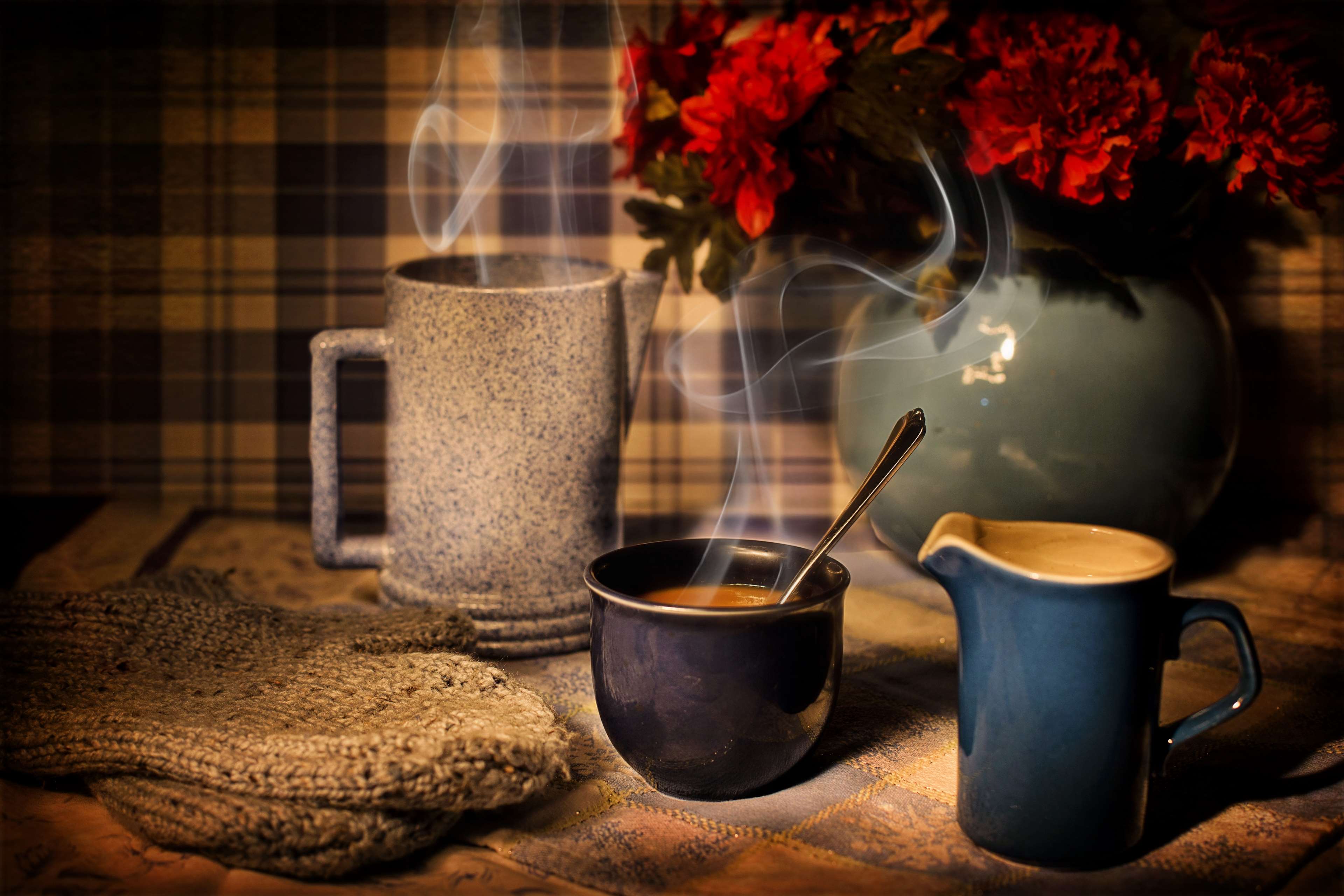 blue, breakfast, coffee, cozy, cup, drink, home, hot