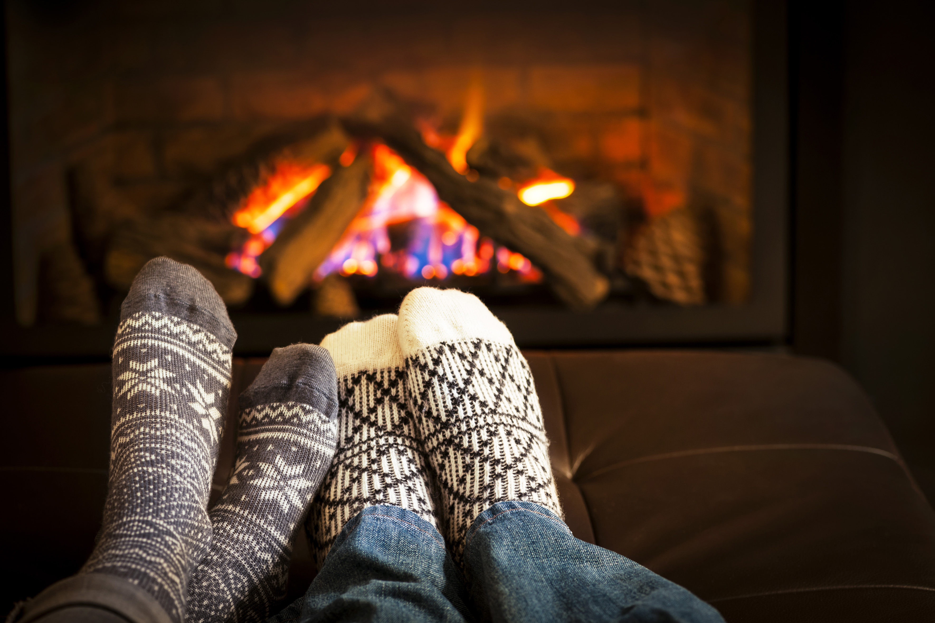 Cozy Winter Fireplace Knitted Socks Desktop Wallpaper