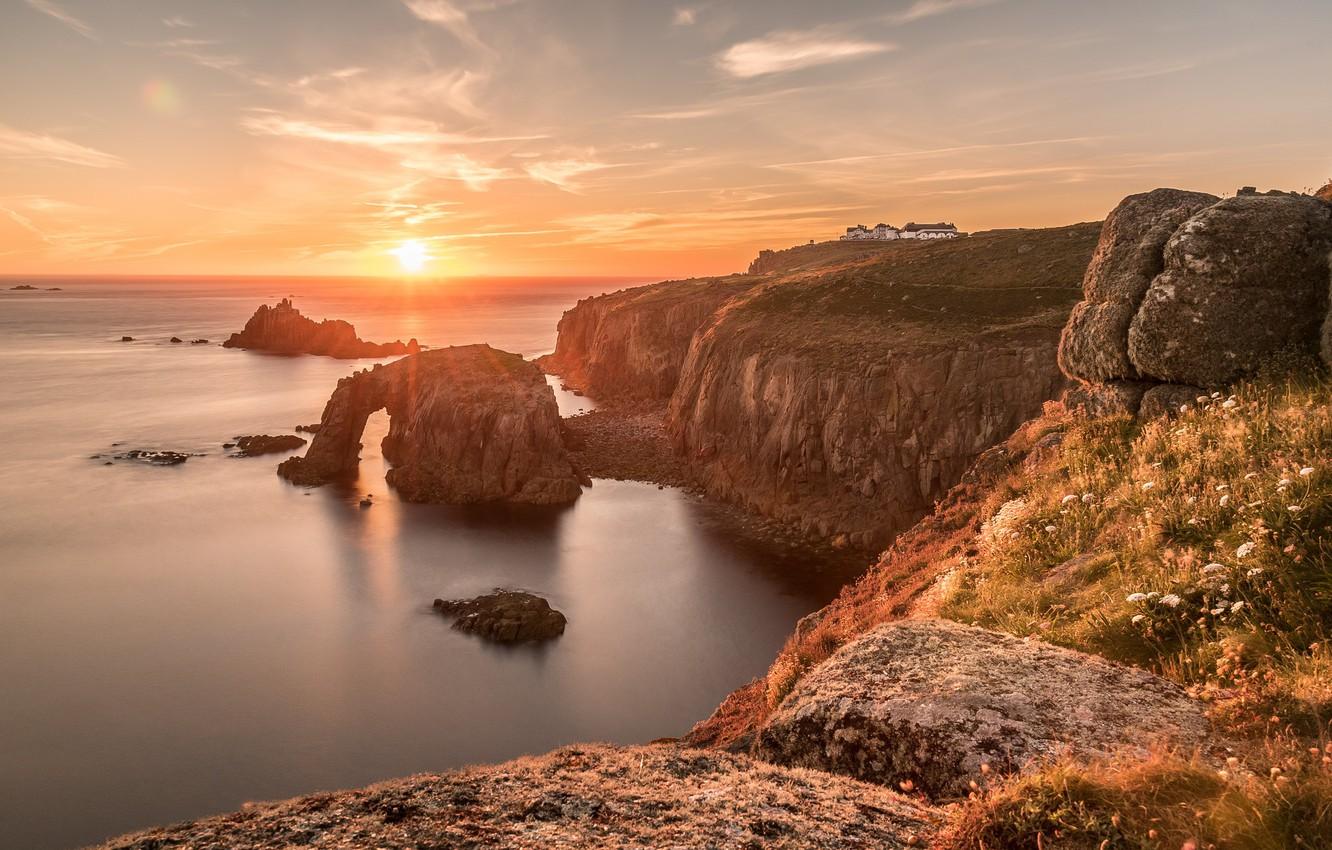 Wallpaper sunset, coast, England, Cornwall, Enys Dodnan Arch