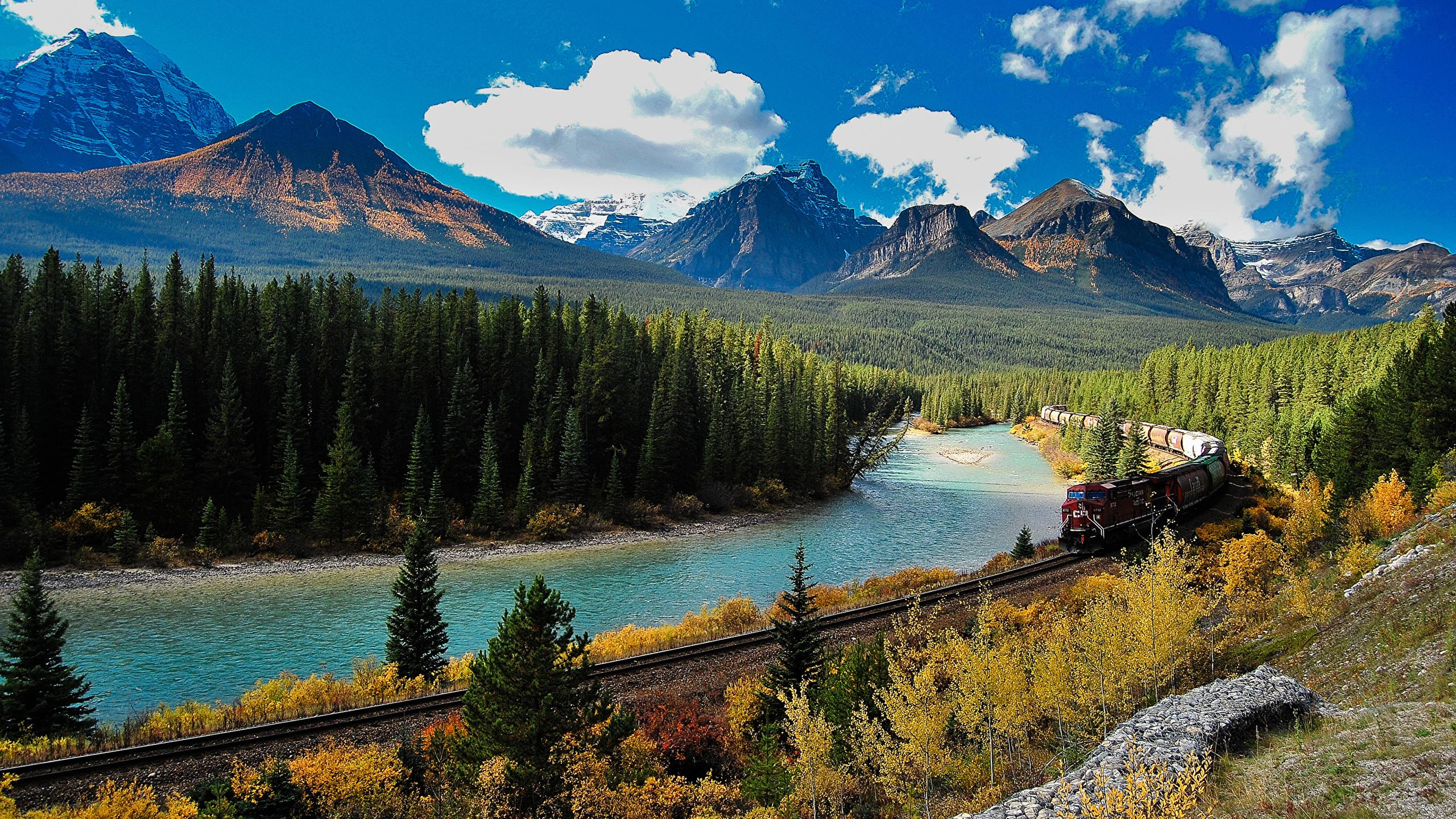 Image Banff Canada Autumn Nature mountain park Trains 2560x1440